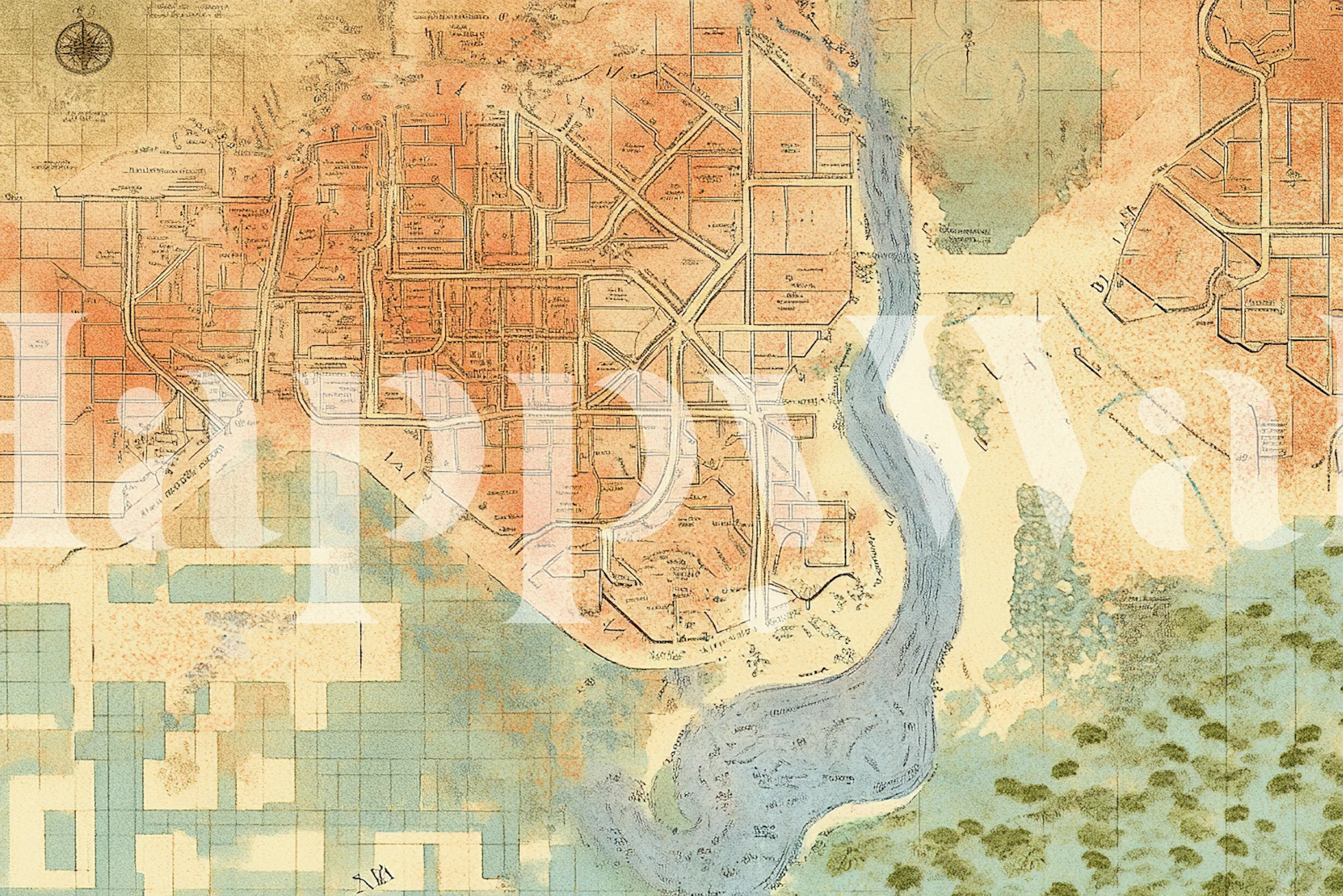 Vintage map design in earthy tones with river and streets wallpaper