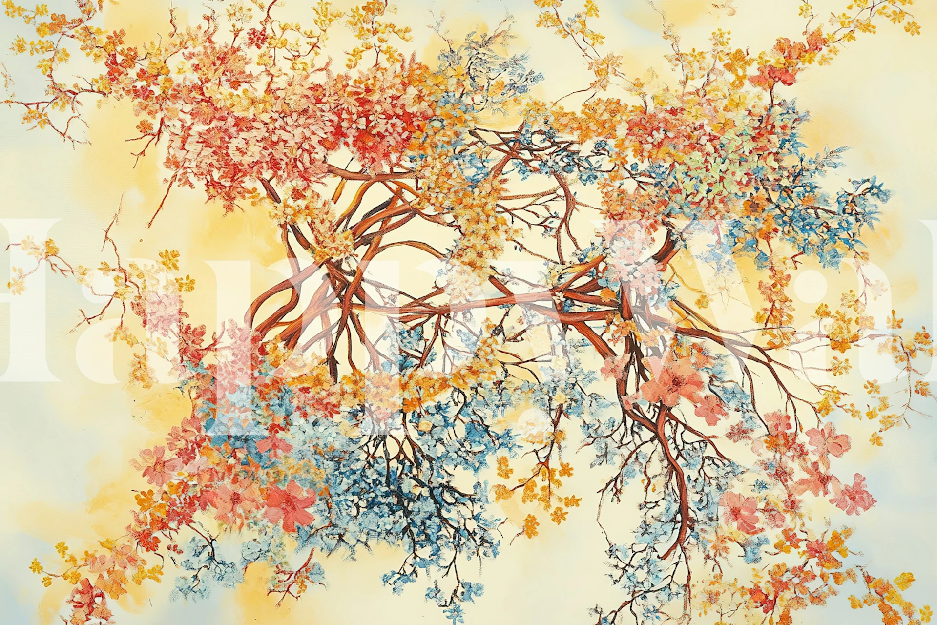 Roots and Flowers wallpaper displayed in a room