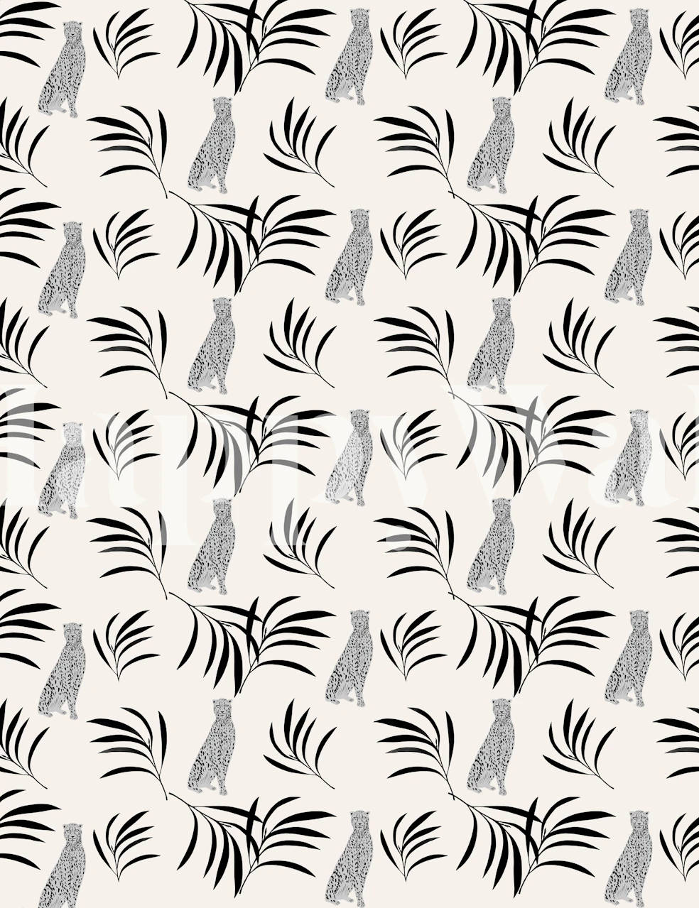 Cheetah and Eucalyptus pattern wall mural on a neutral background.