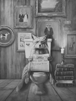 Vintage Fox On Toilet with Newspaper BW wallpaper