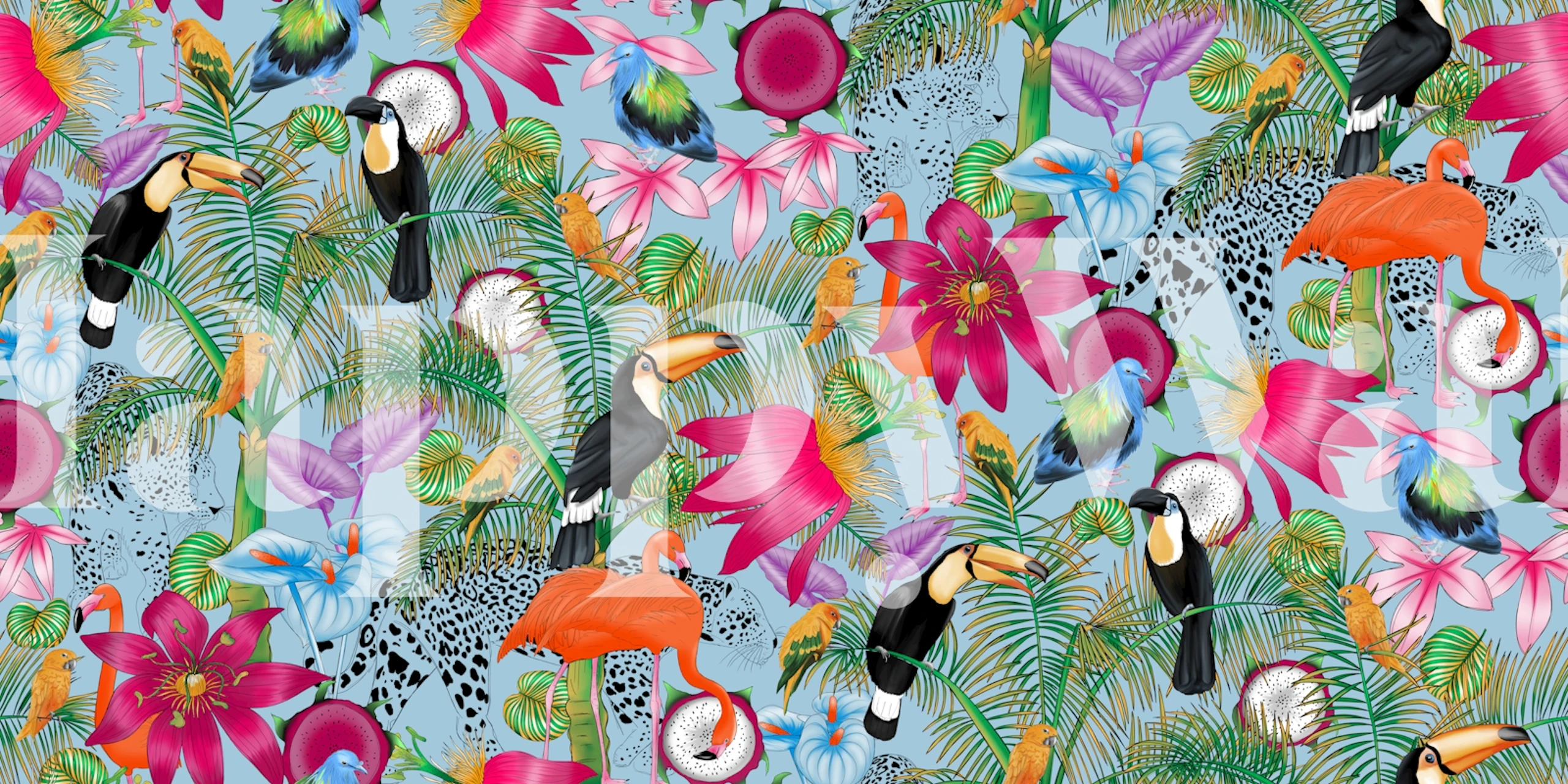 Tropische bloemen, vogels en planten op blauwe achtergrond wallpaper