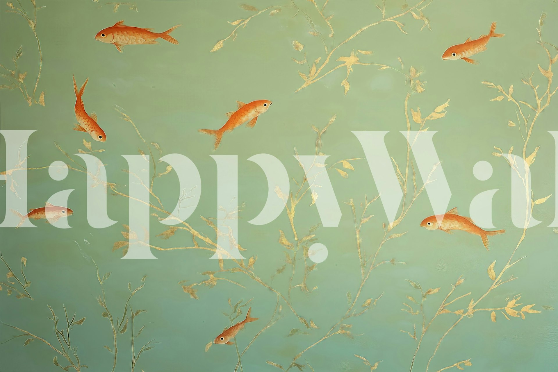 Orange fish swimming among leafy branches in teal wallpaper