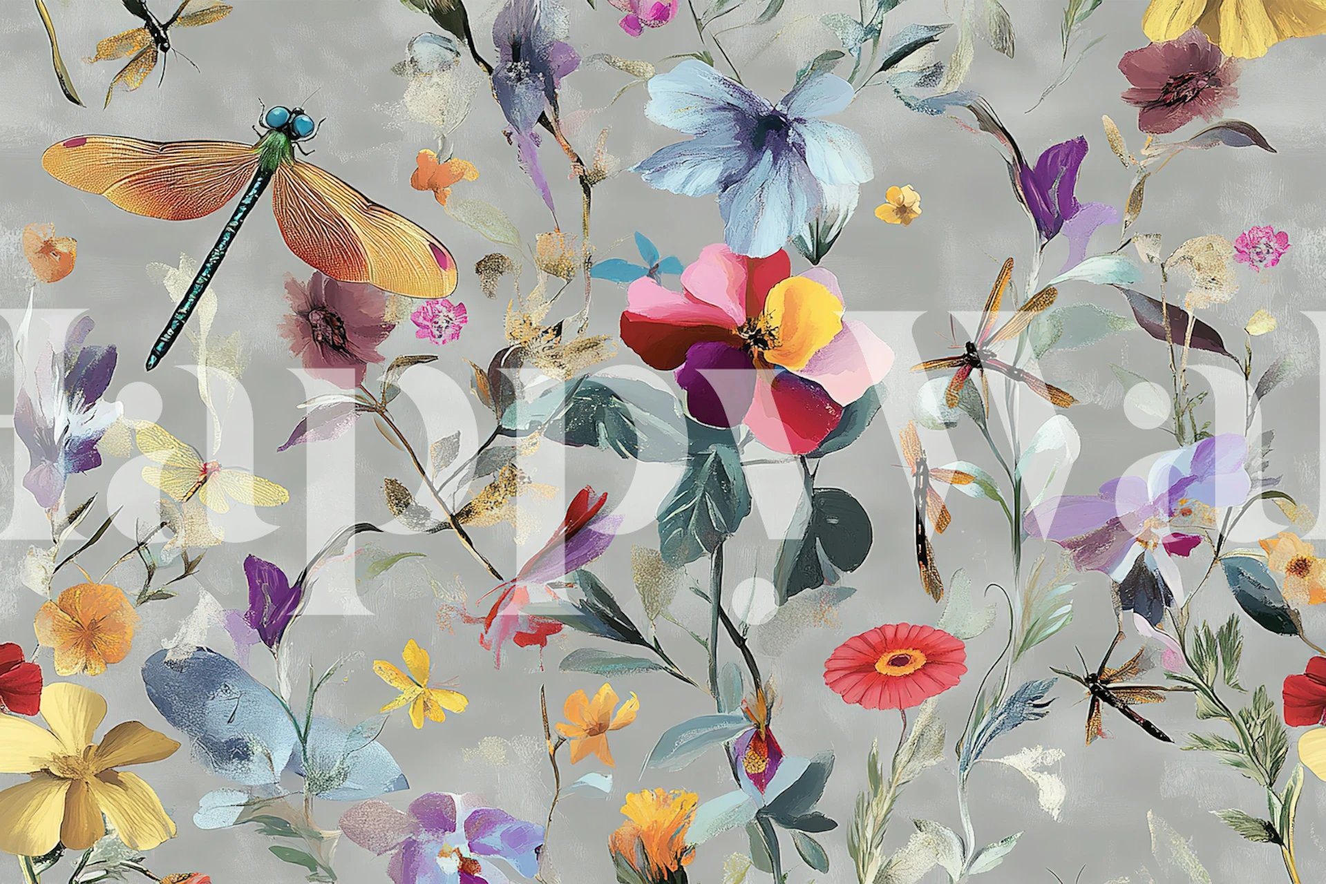 Colorful floral patterns with dragonflies on grey wallpaper