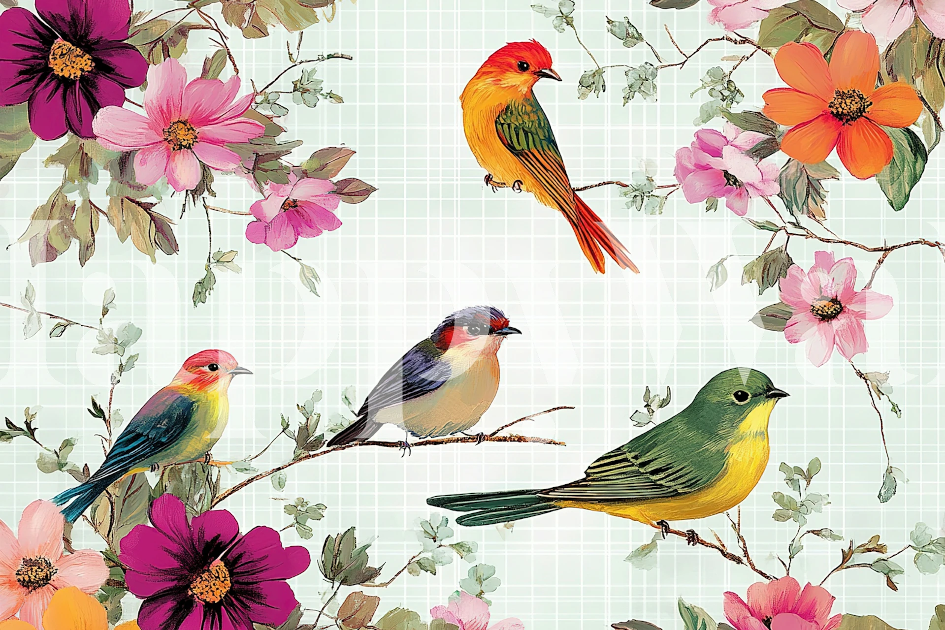 Colorful birds and flowers wallpaper design