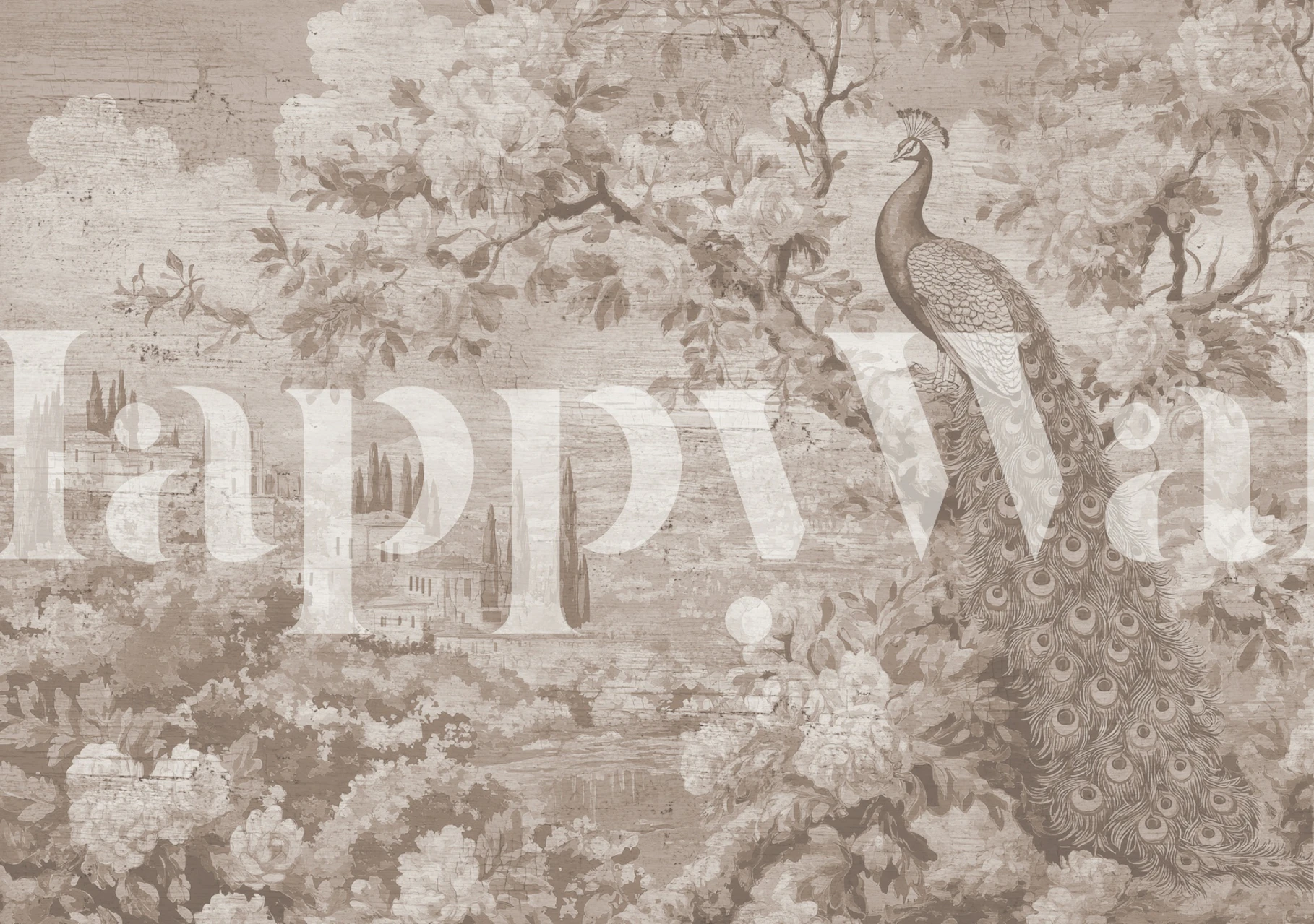 Soft Sepia Peacock wallpaper in a room