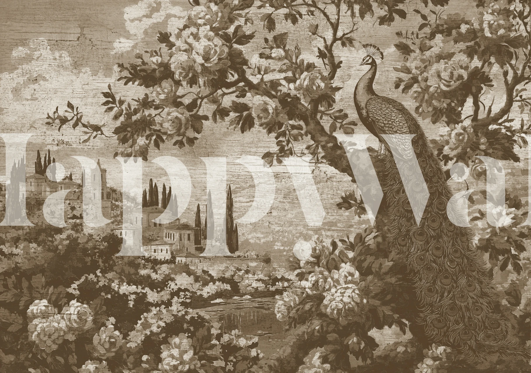 Vintage peacock perched on tree with floral backdrop, sepia tones wallpaper