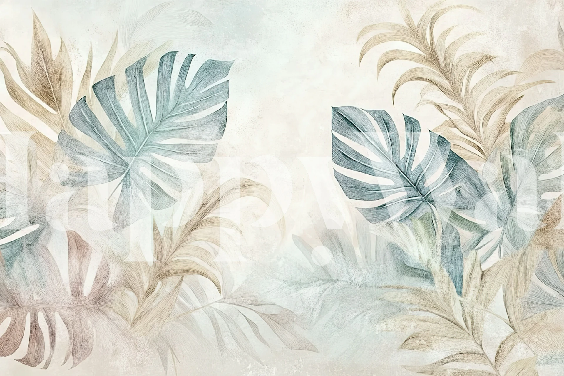 Papel de parede Soft Tropical Leaves em um quarto