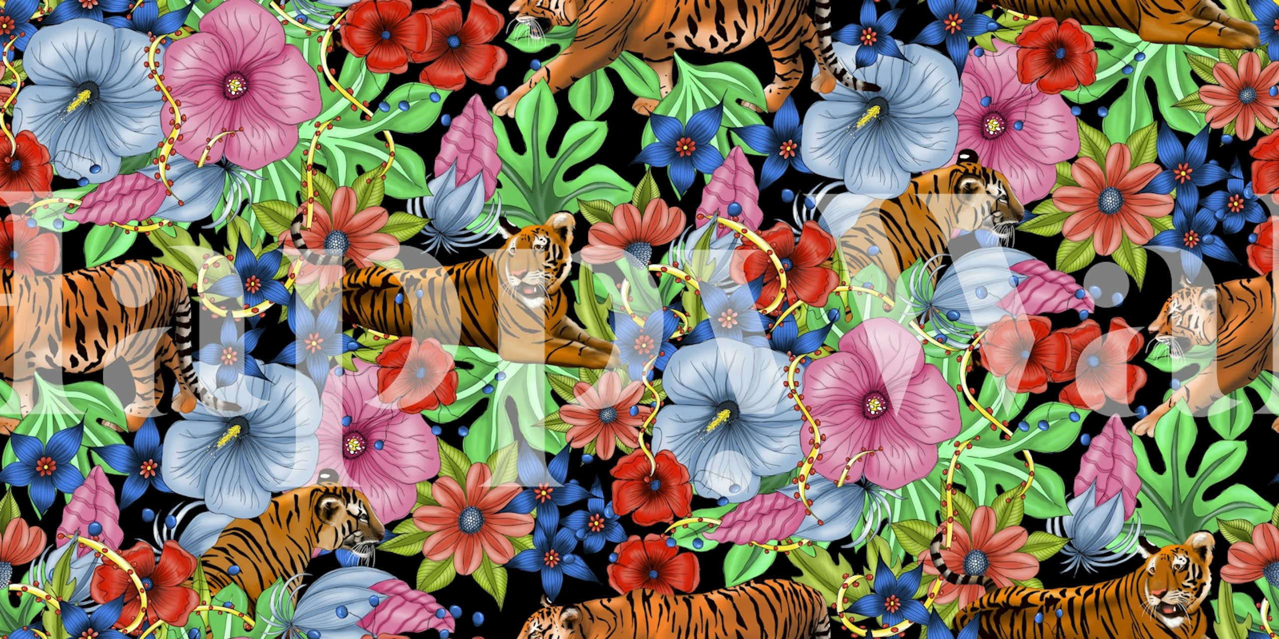 Tropical wallpaper with tigers, pink and blue flowers, green leaves