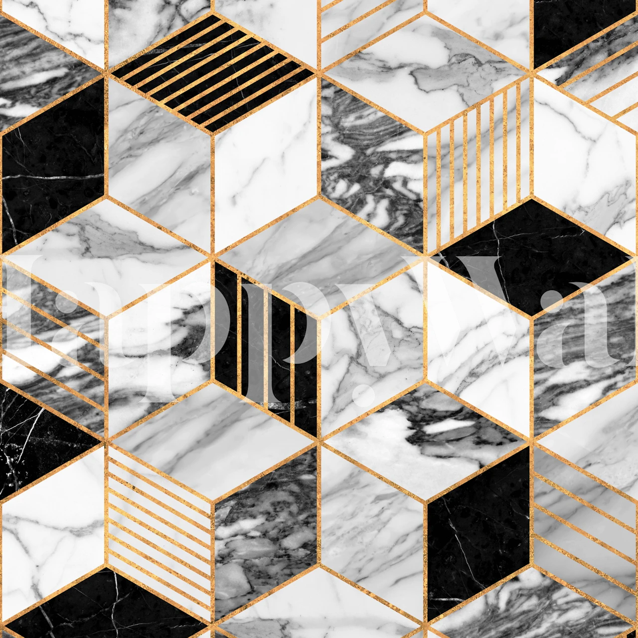 Geometric hexagon pattern in black, white, and gold wallpaper