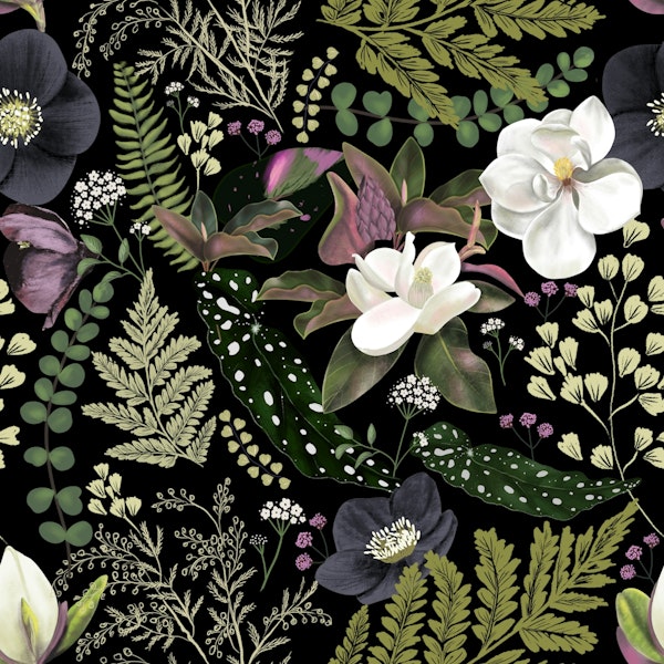 Dark Mystical Garden Botanical Black Pattern