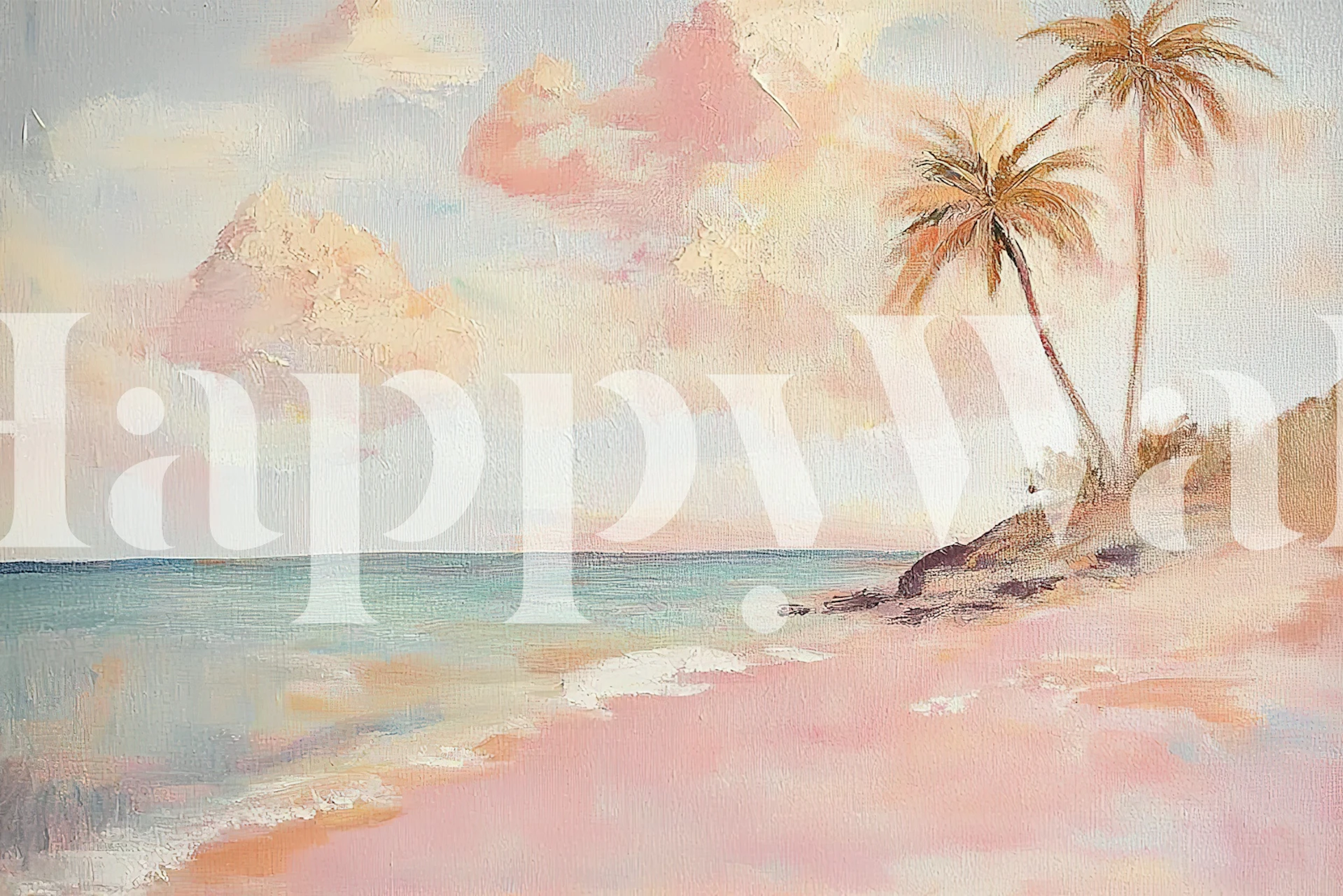 Pink beach scene with palm trees and pastel clouds wallpaper