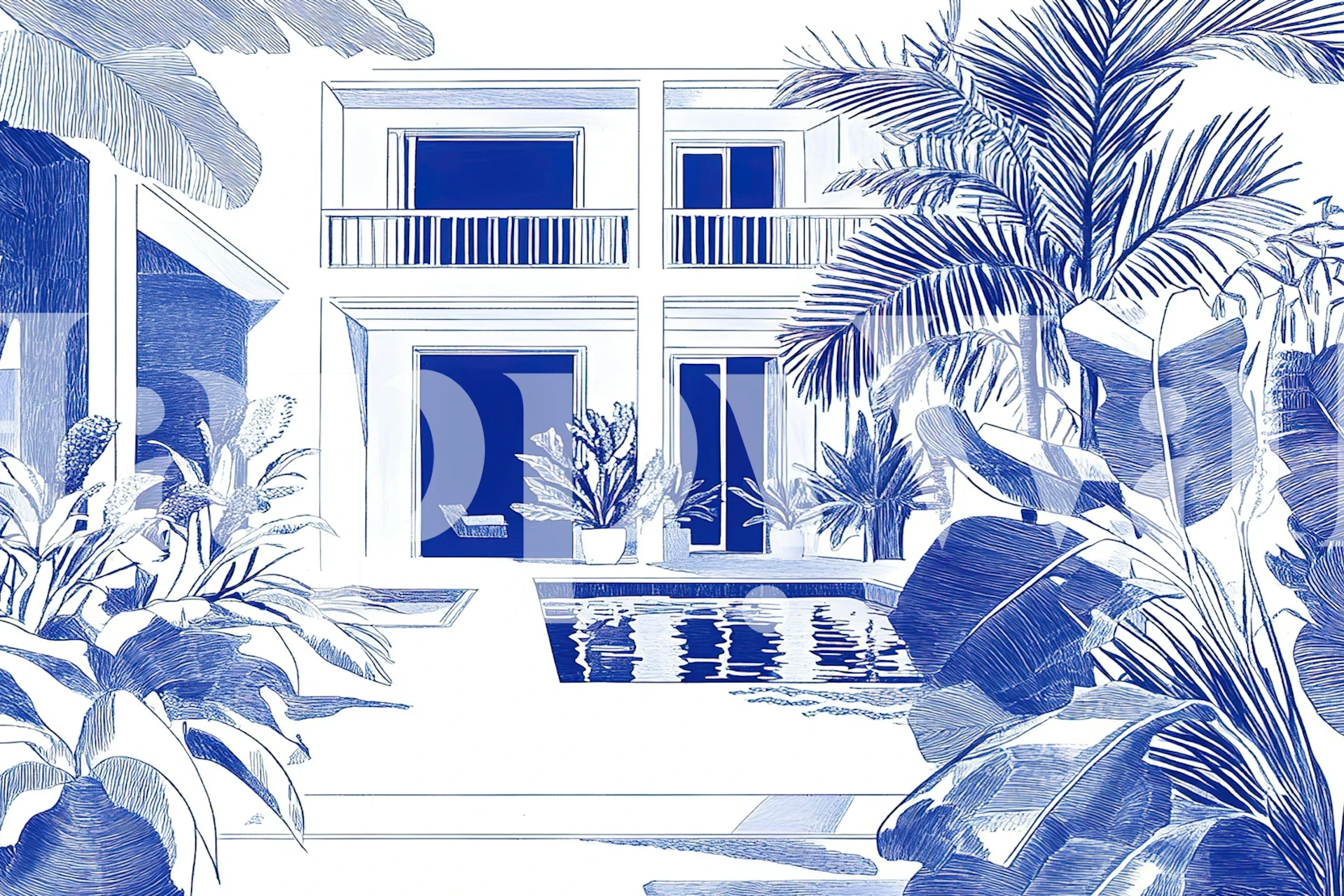 Papel de parede Blue Summer House em um quarto moderno