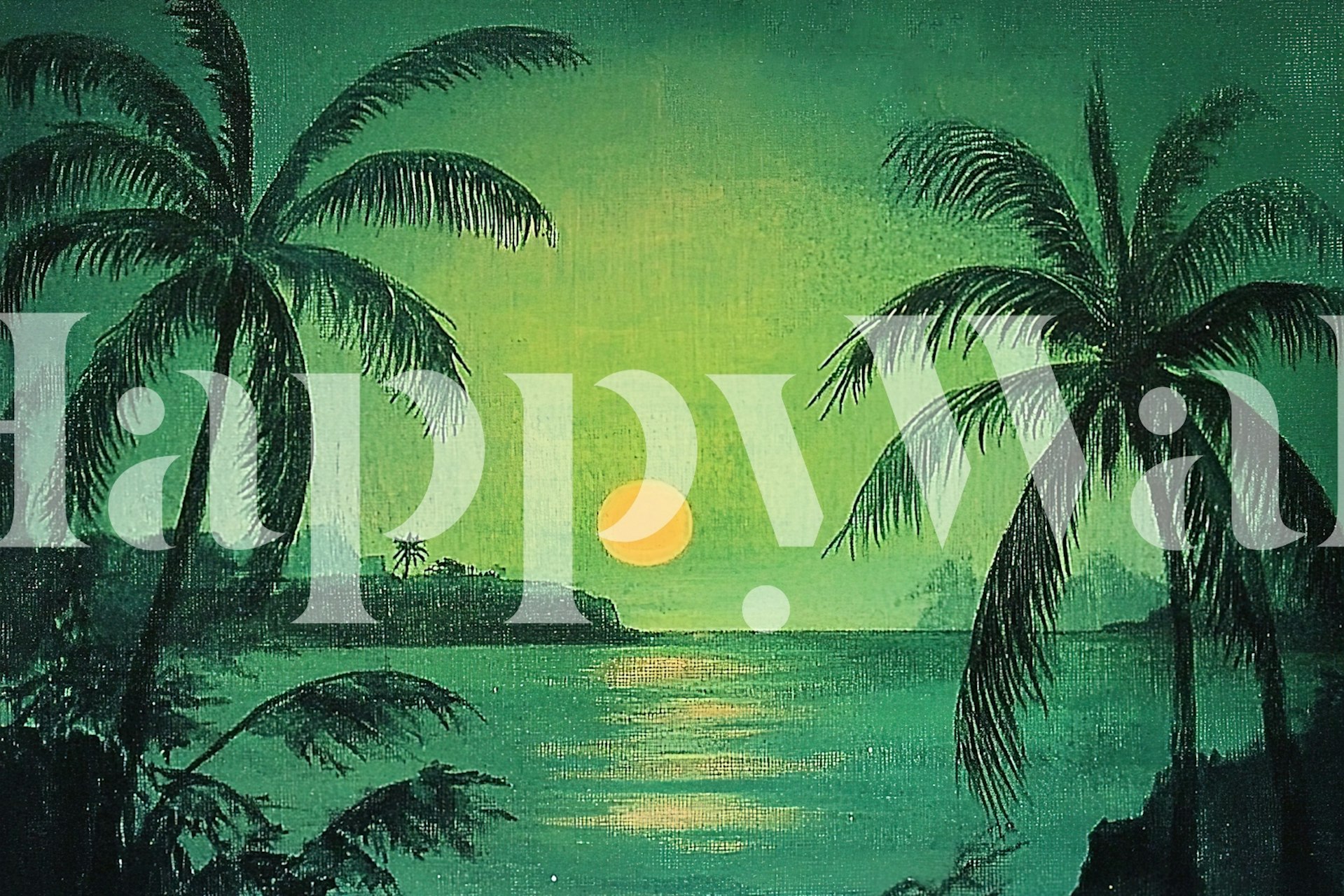 Tropical scene with palm trees and a green sunset wallpaper