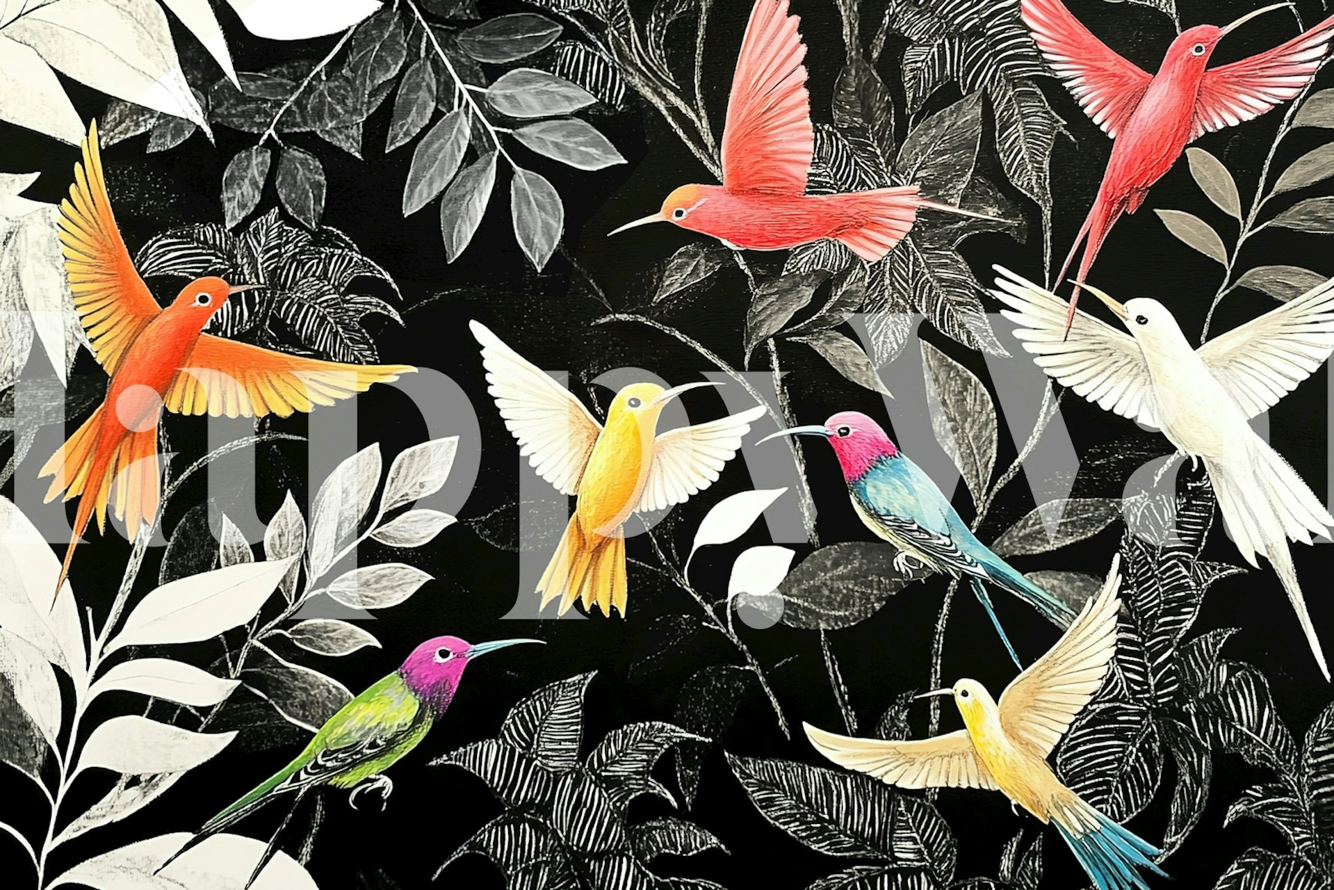 Colorful birds on black and white foliage wallpaper