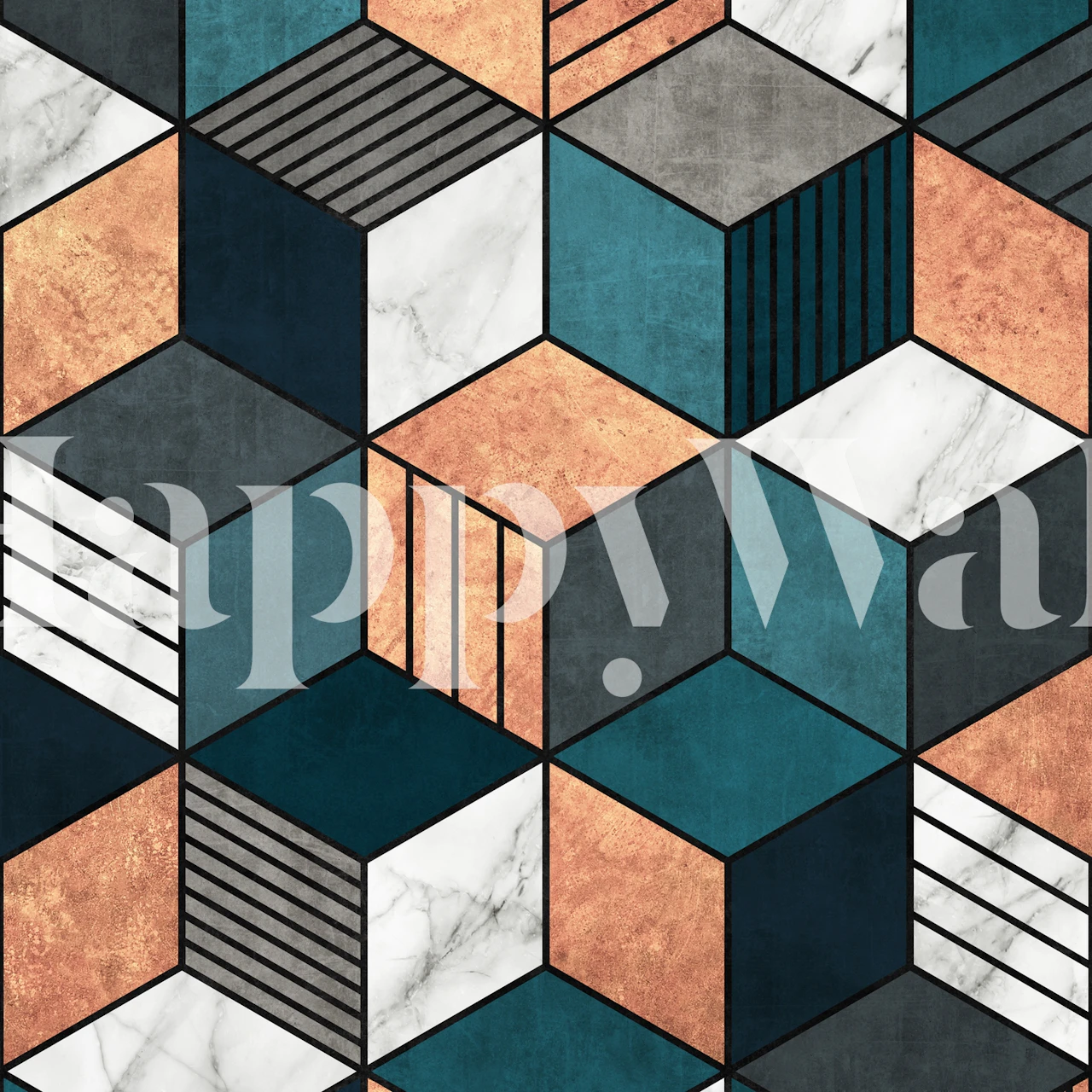 Mural de pared Copper Marble Cubes w Blue 2 que representa cubos geométricos con texturas de mármol y colores cobre y azul.