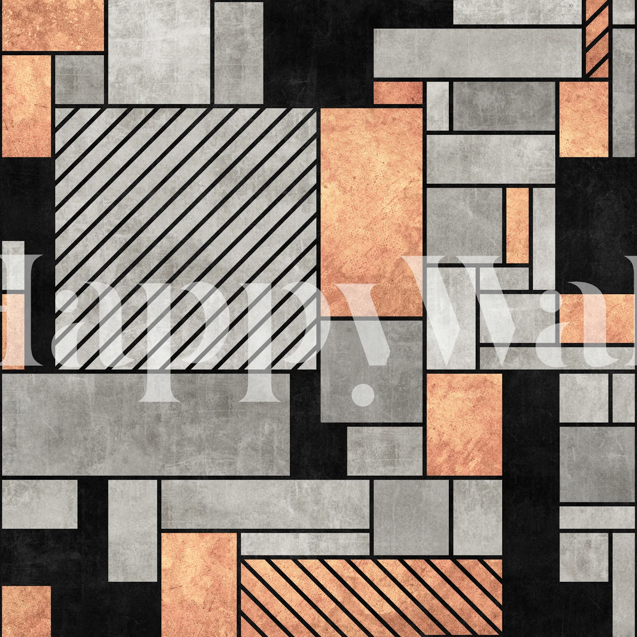 Geometric pattern with gray, black, and copper blocks wallpaper