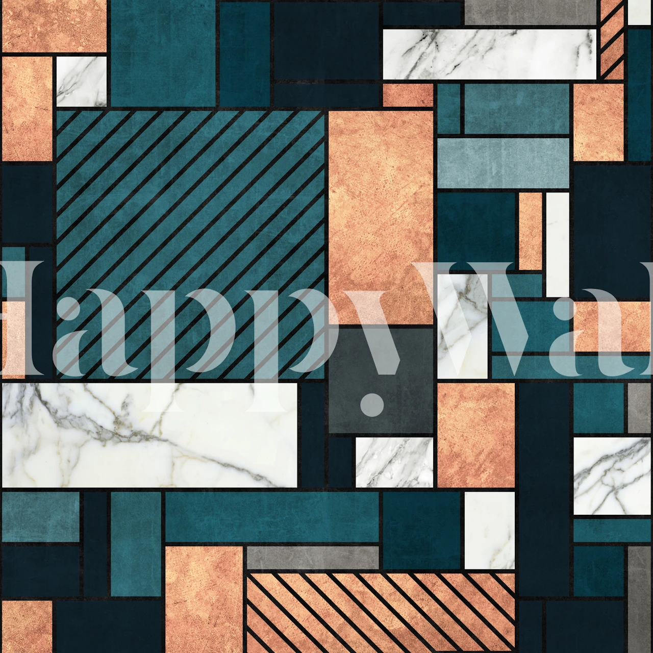 Geometric marble and copper pattern in blue wallpaper