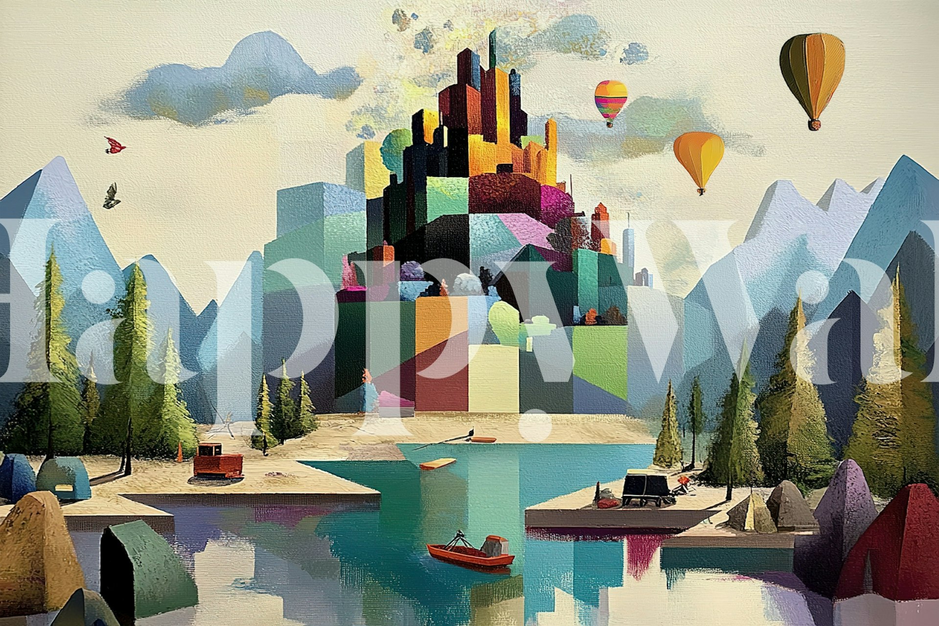 Colorful geometric landscape wallpaper with mountains and hot air balloons