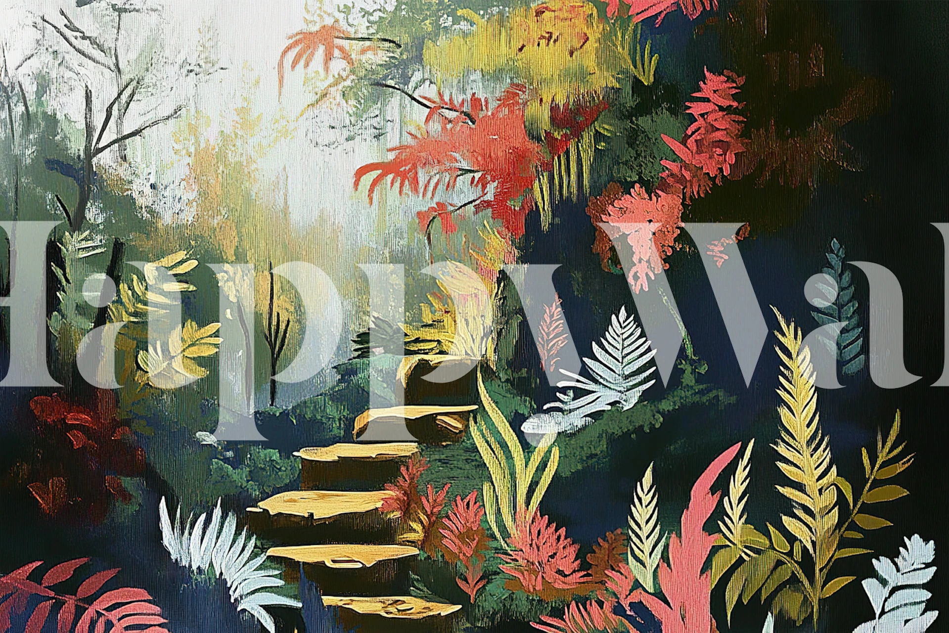 Colorful forest with stairs and lush greenery wallpaper