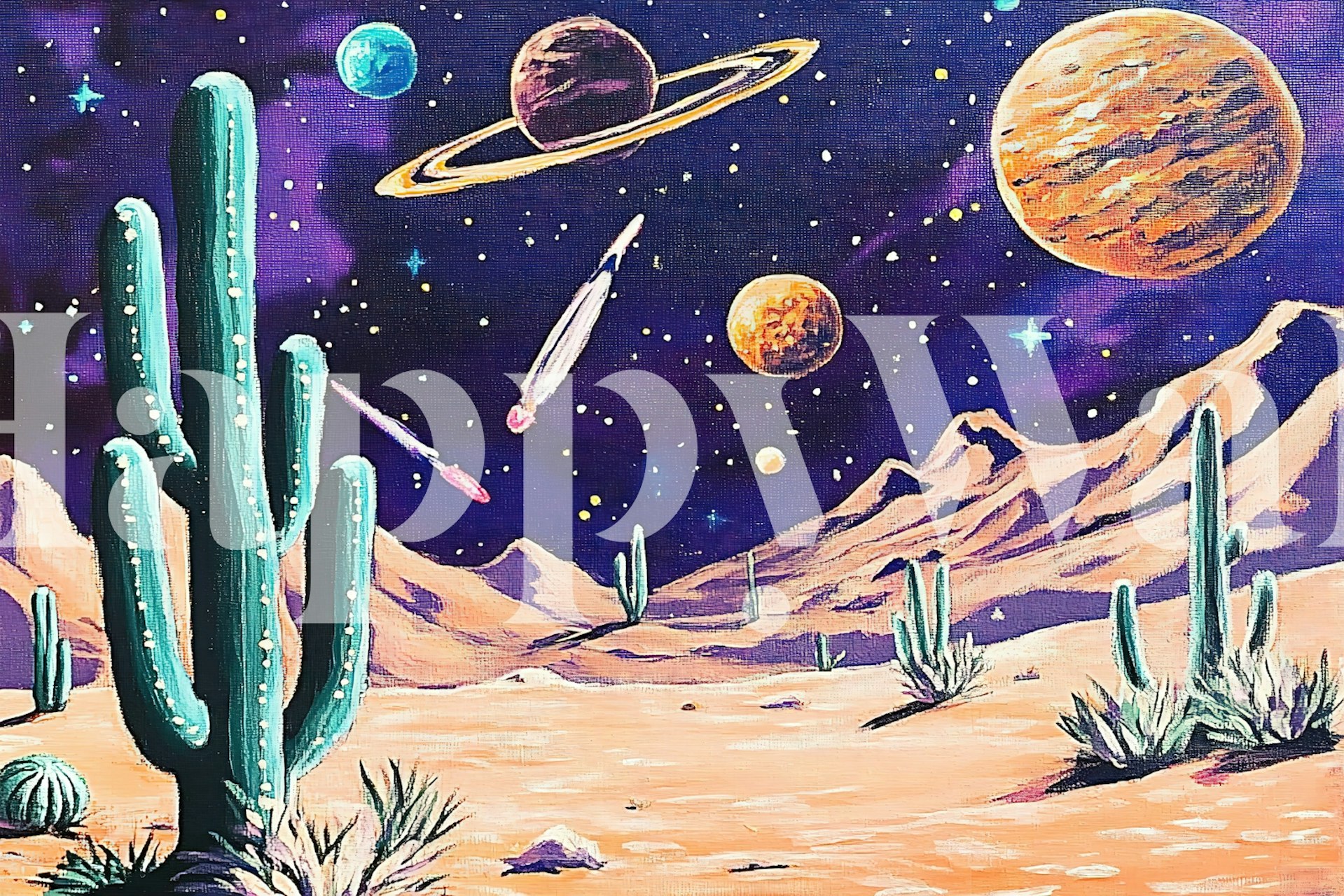 Colorful desert scene with cacti and planets wallpaper