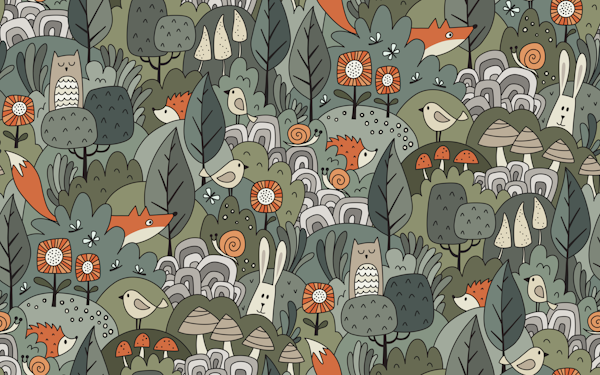 forest life - green tones, orange