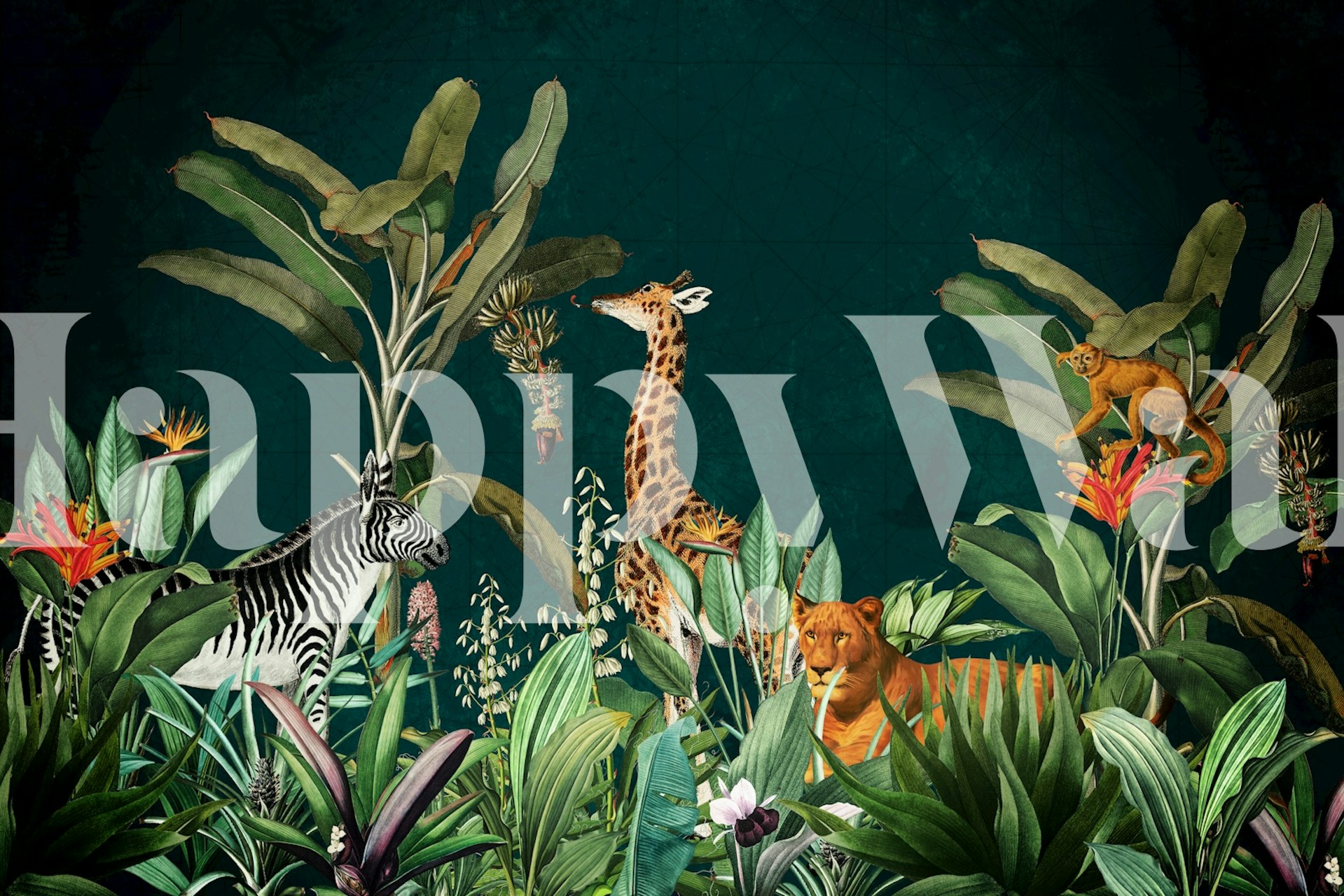 Jungle wallpaper with giraffe, zebra, lion, and lush green plants