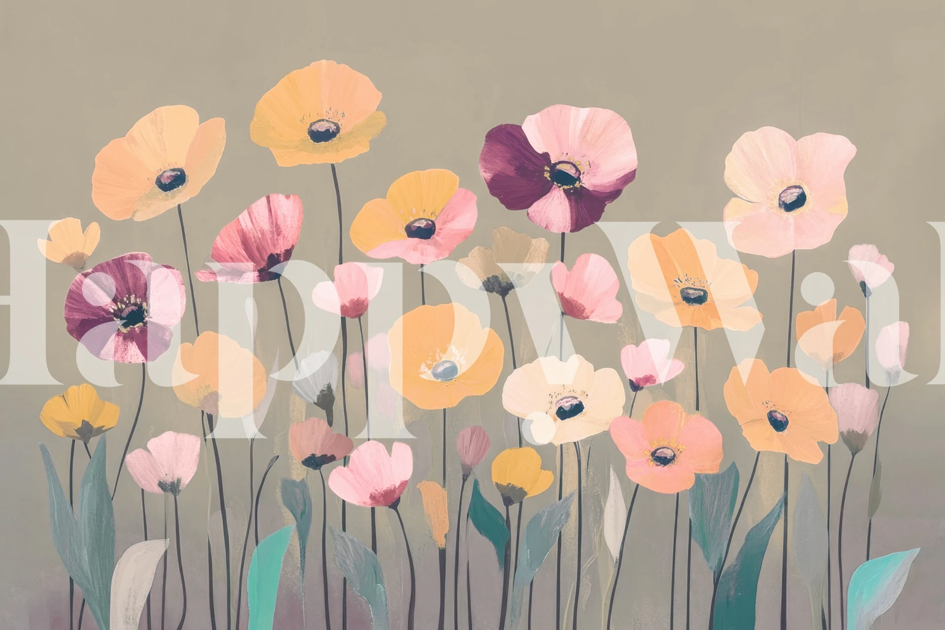 Colorful pastel flowers on stems with green leaves wallpaper