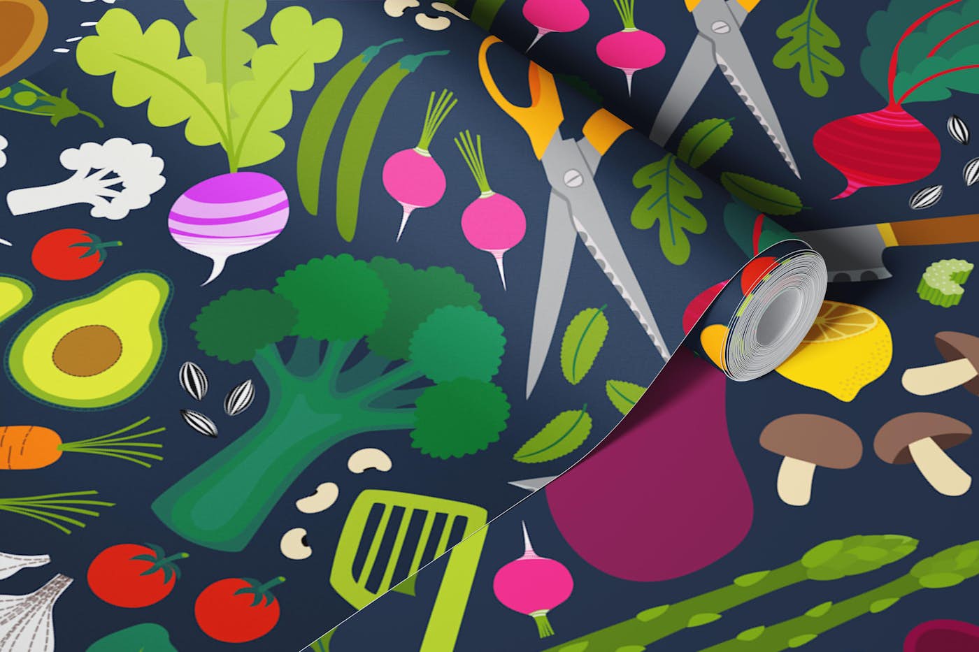 Fresh Veggies - brights on navy large wallpaper roll