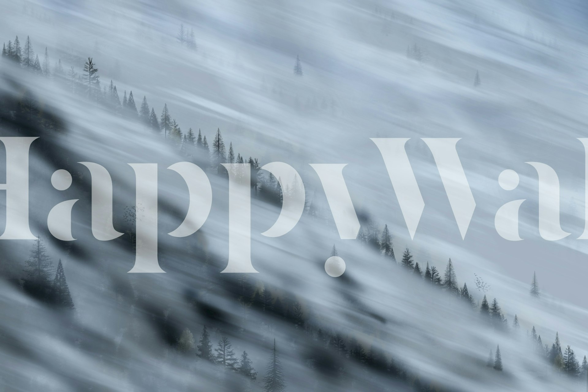 Foggy forest landscape in green and gray tones wallpaper