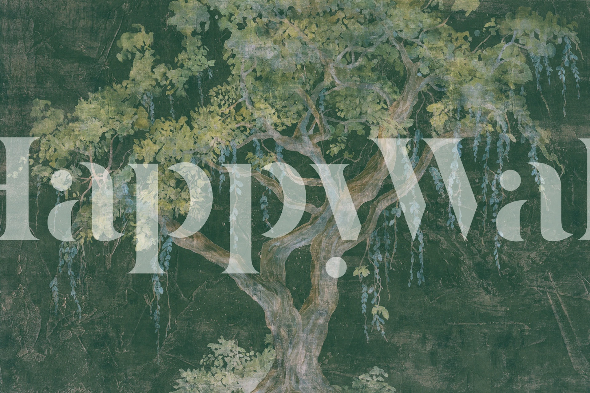 Mystical emerald forest tree wallpaper in a room