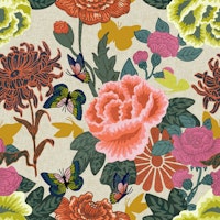 Chinese floral art with butterflies on beige wallpaper