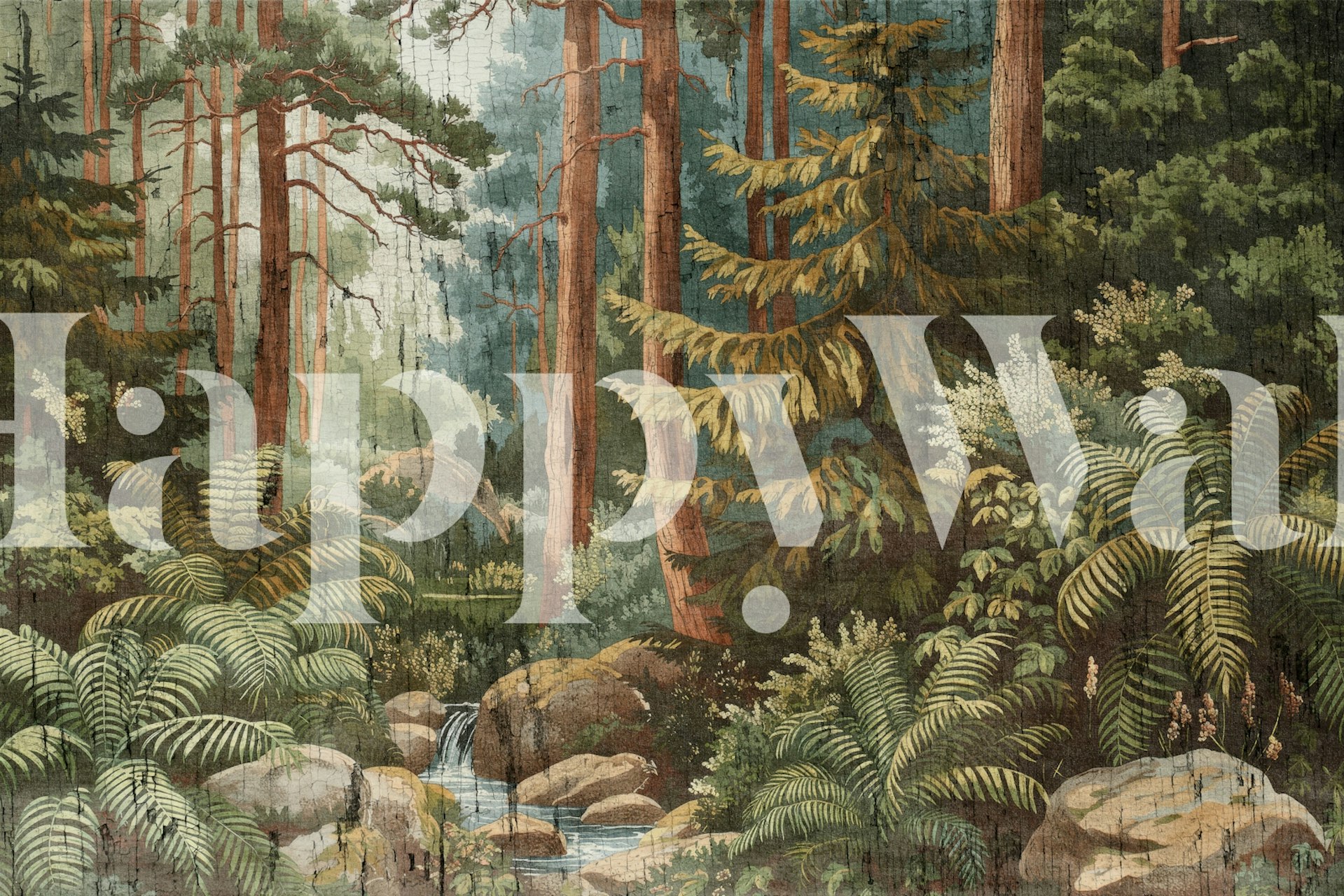 Wooded landscape with tall trees, ferns, and a stream wallpaper