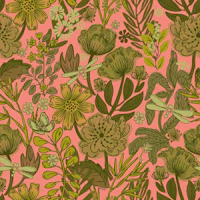 Tropical boho wildflowers pink green tapete