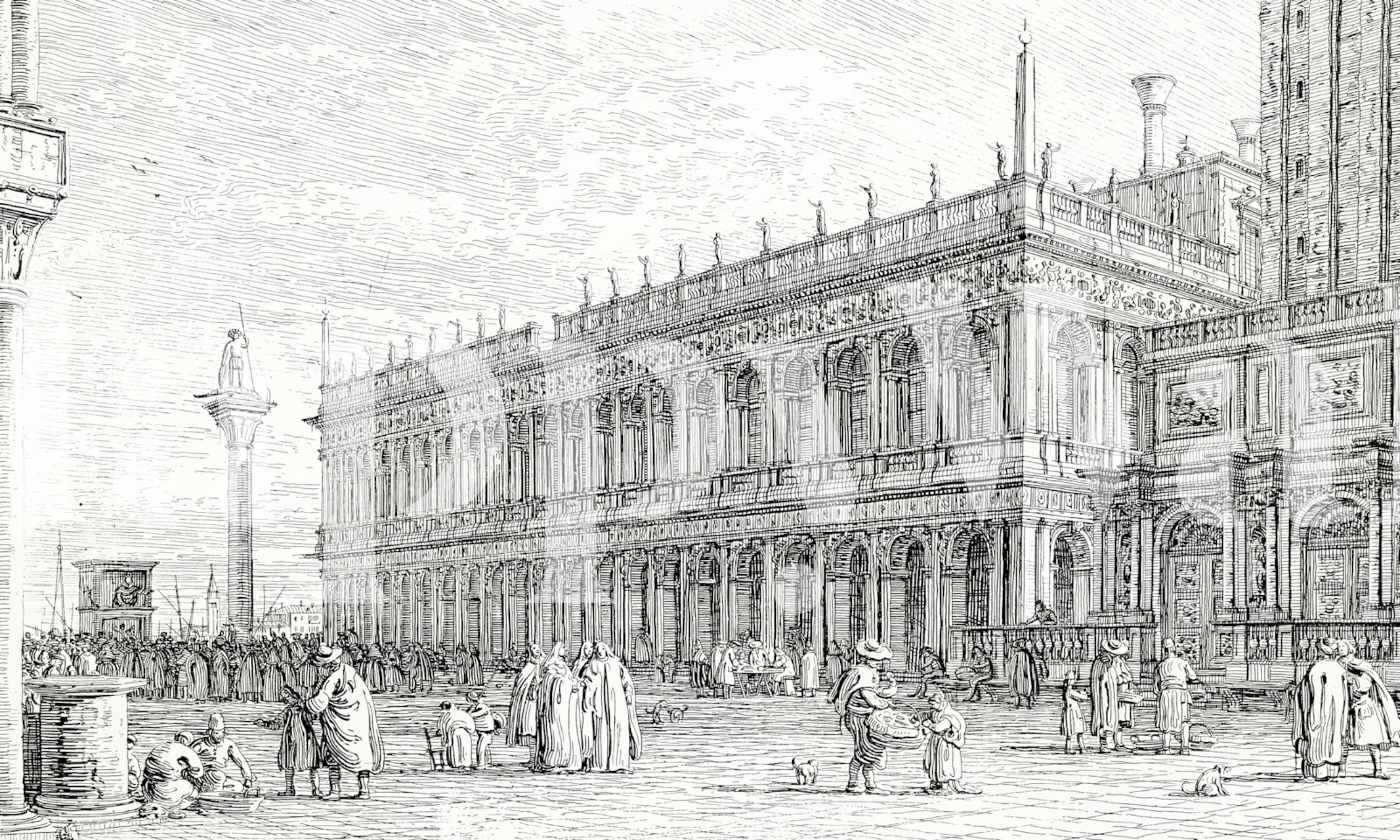 Historic Venice etching with intricate architecture and figures wallpaper