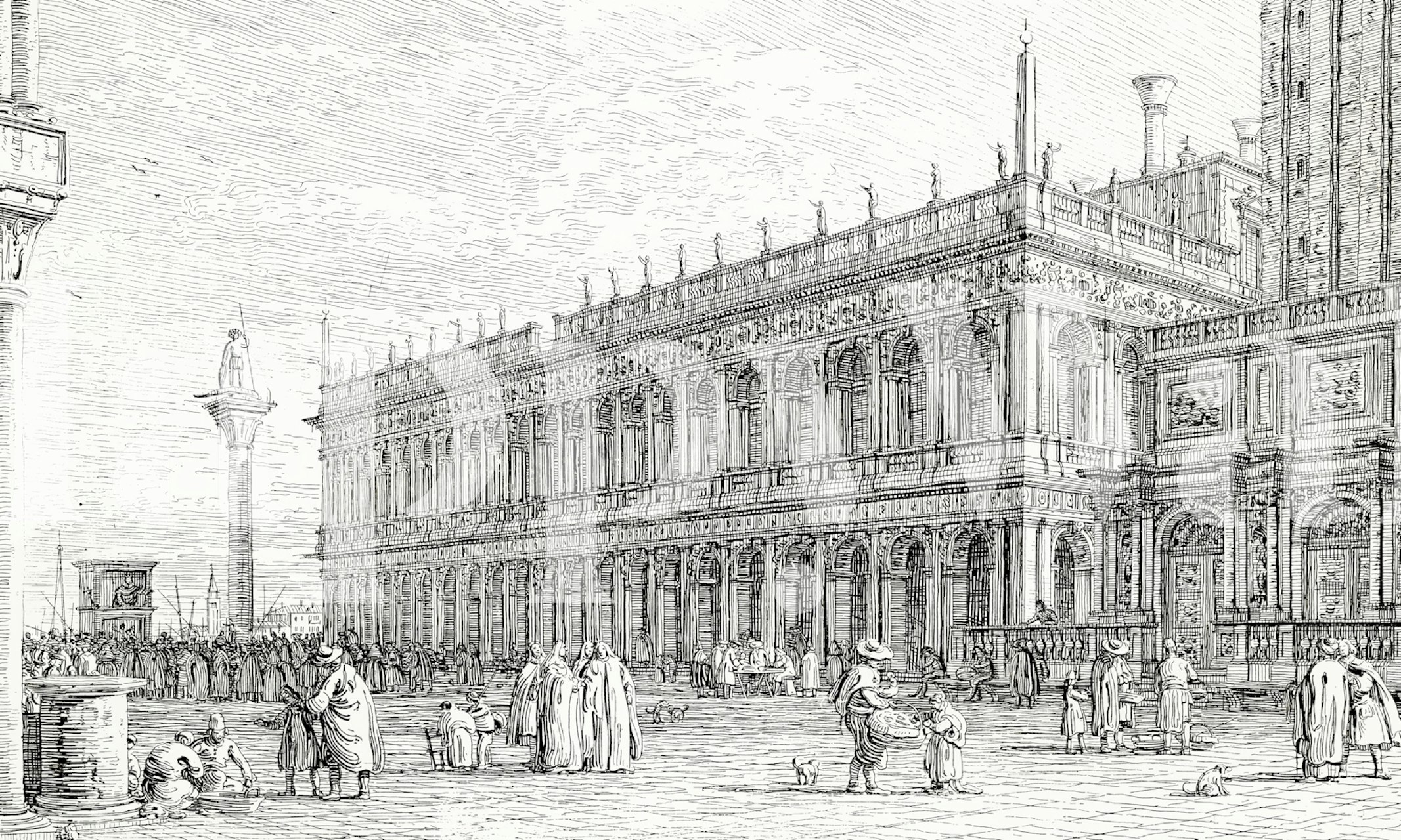 Historic Venice etching with intricate architecture and figures wallpaper