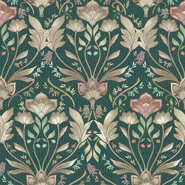 Art Nouveau Leaves & florals - emerald green