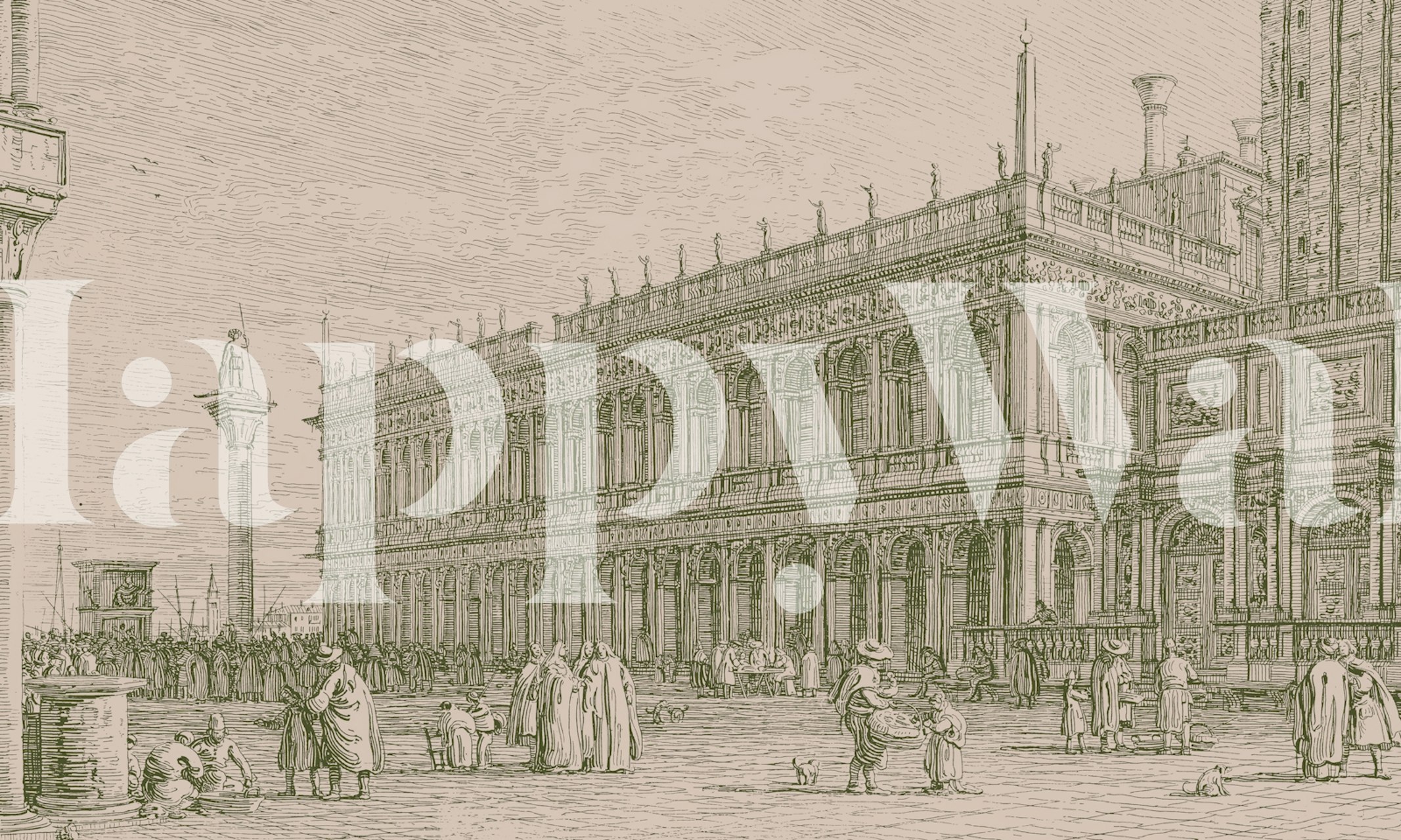 Historic Venice cityscape mural featuring detailed architecture in sepia tones wallpaper