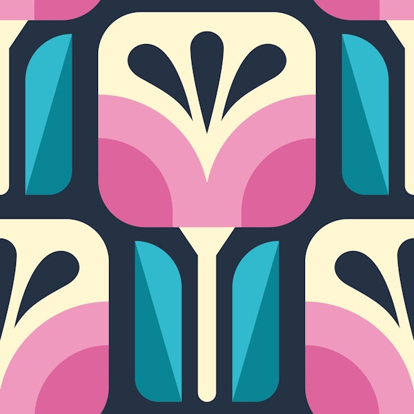 Retro Floral Blooms Blue Pink