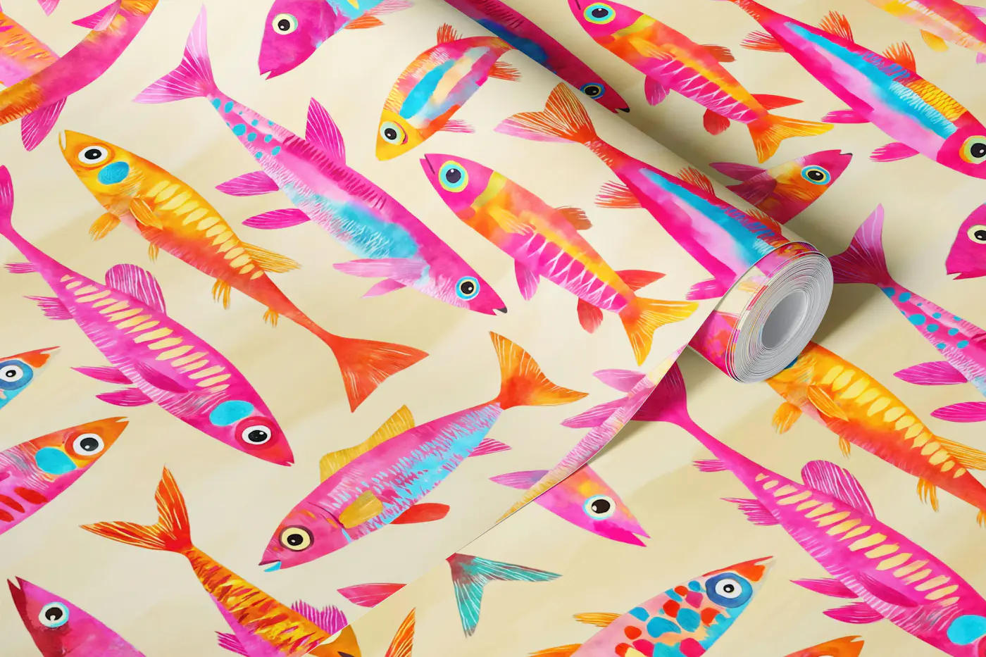 Funky Fish Parade Underwater Vibe Yellow wallpaper roll
