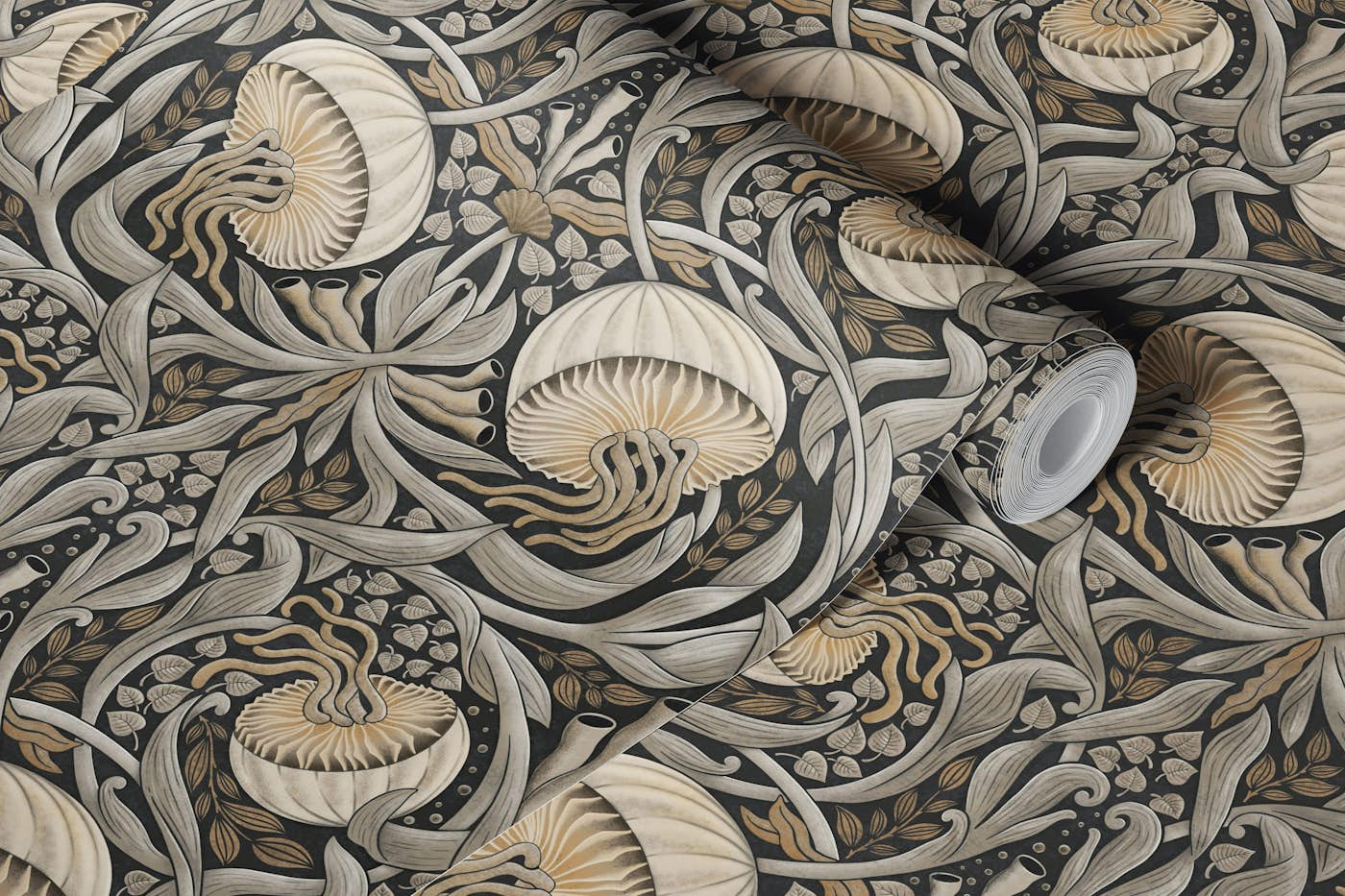 William Morris swims with jellyfish - brown wallpaper roll