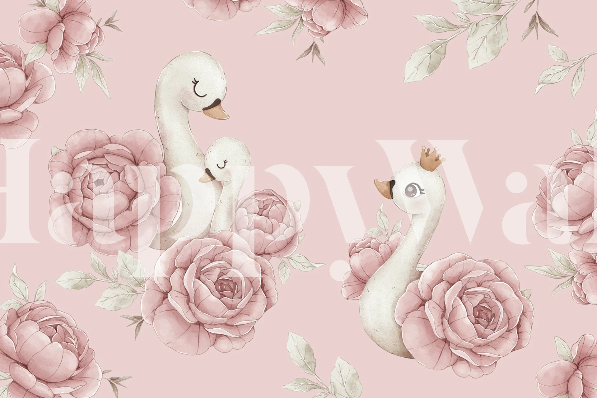 Floral design with swans and pink peonies wallpaper