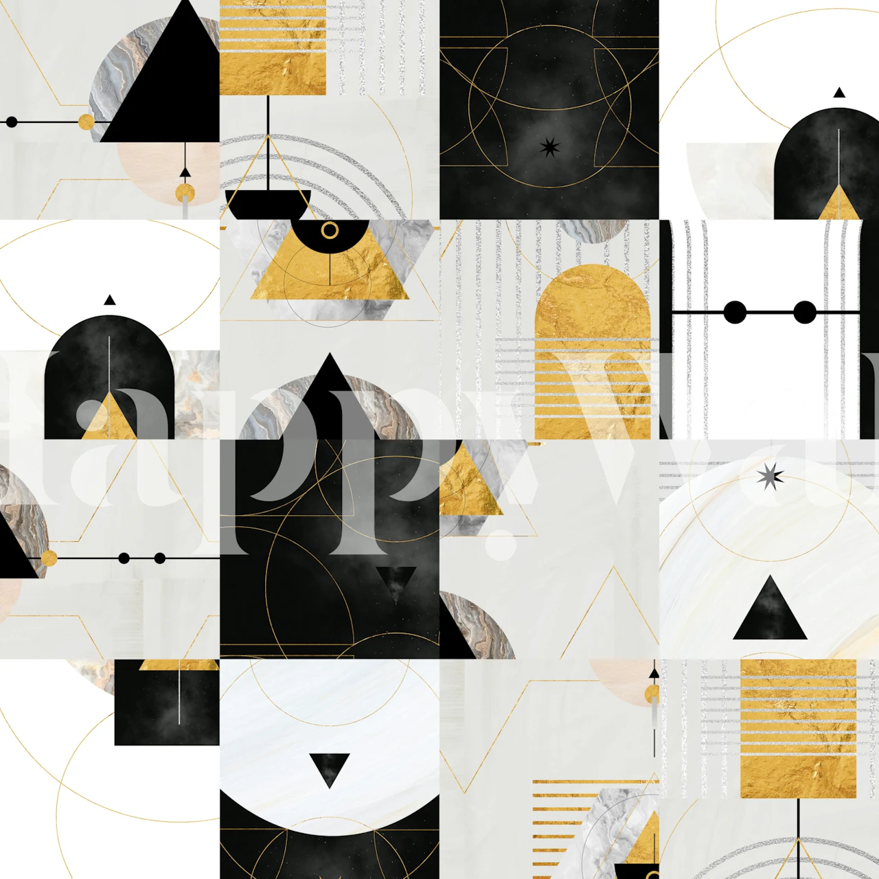 Geometric shapes in gold, black, and white, modern style wallpaper
