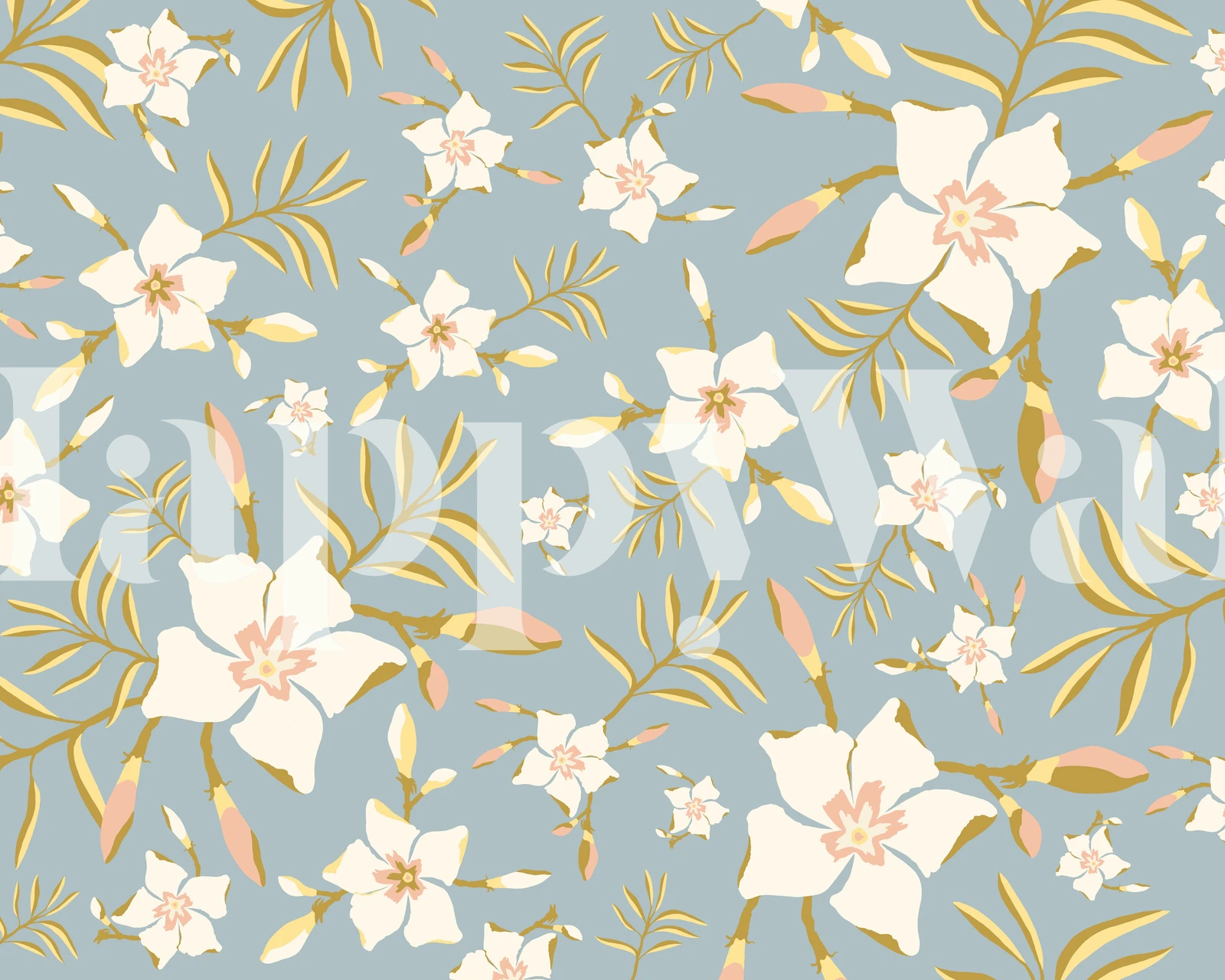 Kasvitieteellinen seinämaalaus trooppisilla kukilla sinisen ja valkoisen sävyissä kultaisilla aksenteilla