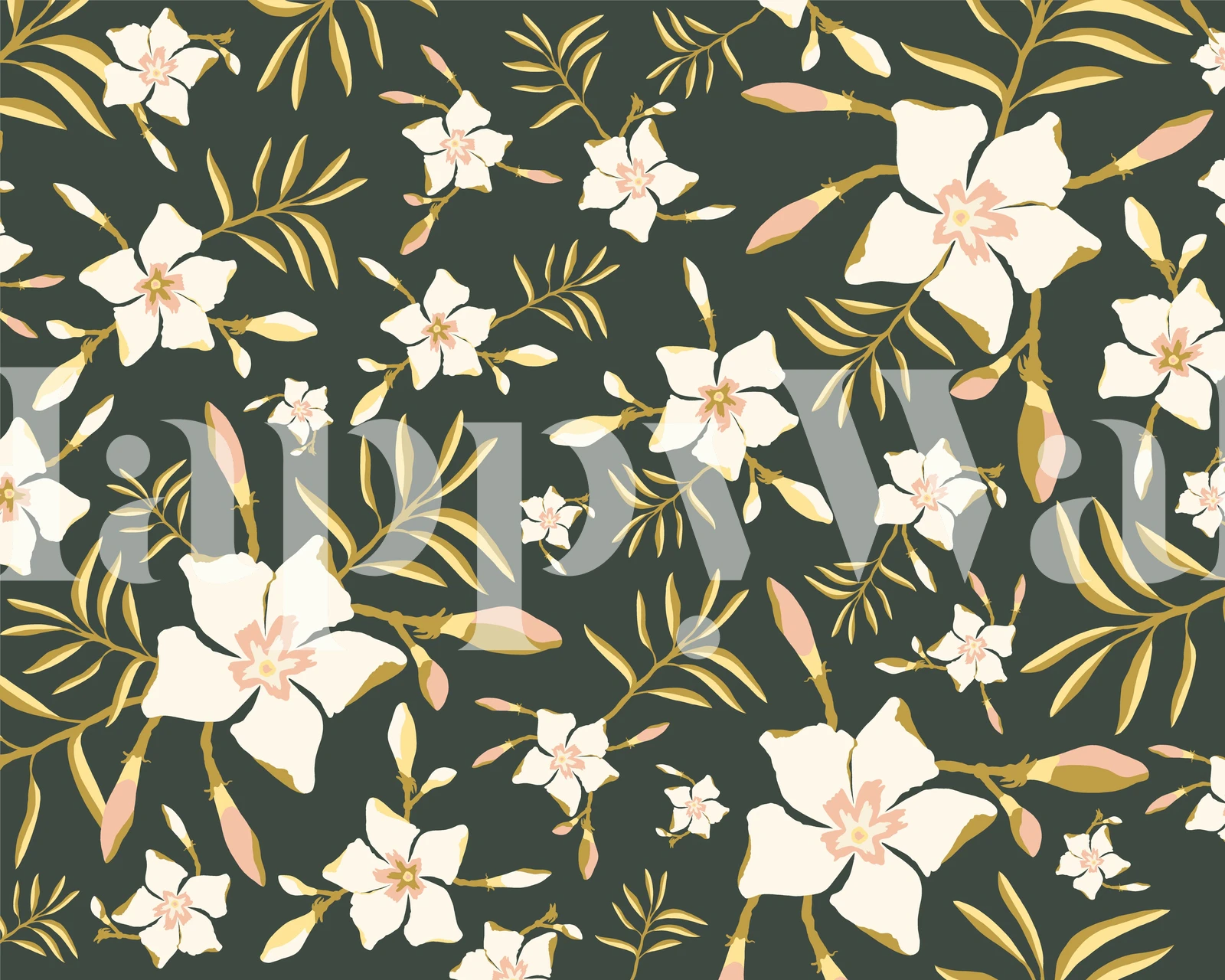 Tropical Floral Grønt vægmaleri med frodigt løv og hvide blomster på en mørk baggrund