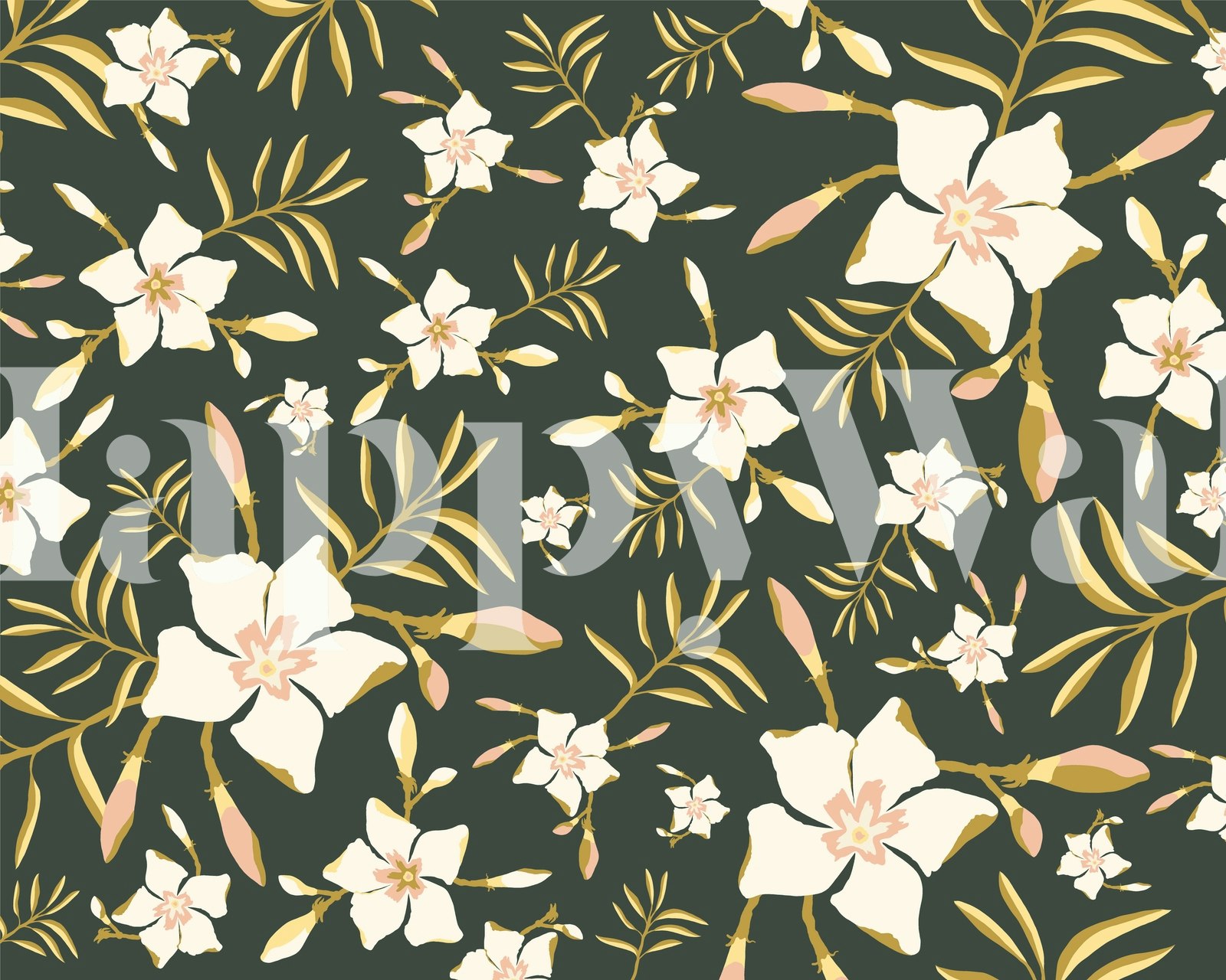 Tropical Floral Green τοιχογραφία με πλούσια φυλλωσιά και λευκά λουλούδια σε σκοτεινό φόντο