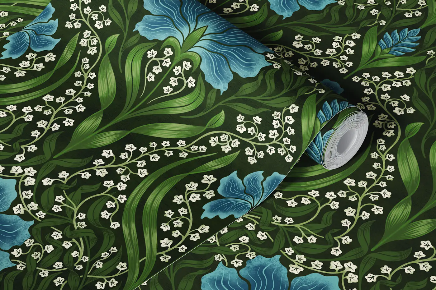 Intricate floral damask - blue wallpaper roll