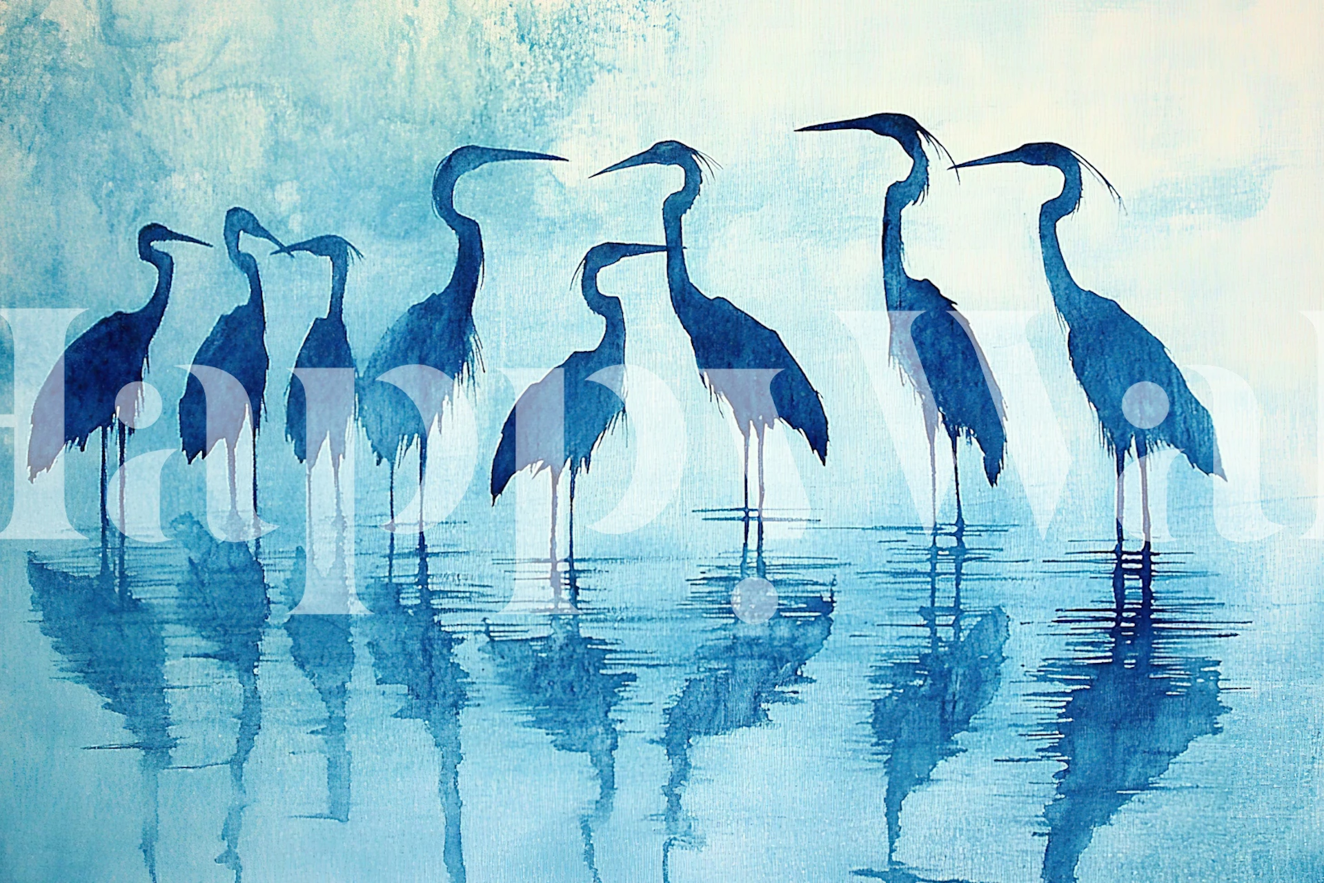 Blue herons standing in water, reflecting their silhouettes, watercolor style wallpaper