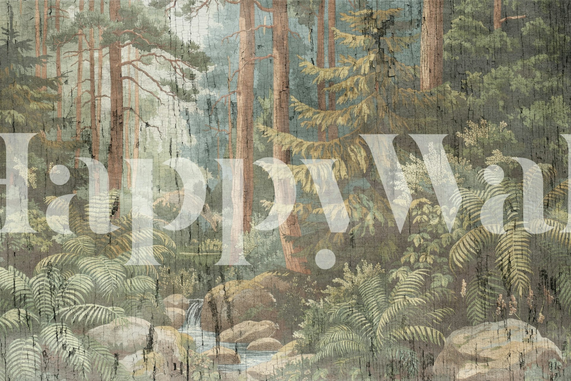 Woodland landscape with trees, ferns, waterfall; rustic style wallpaper