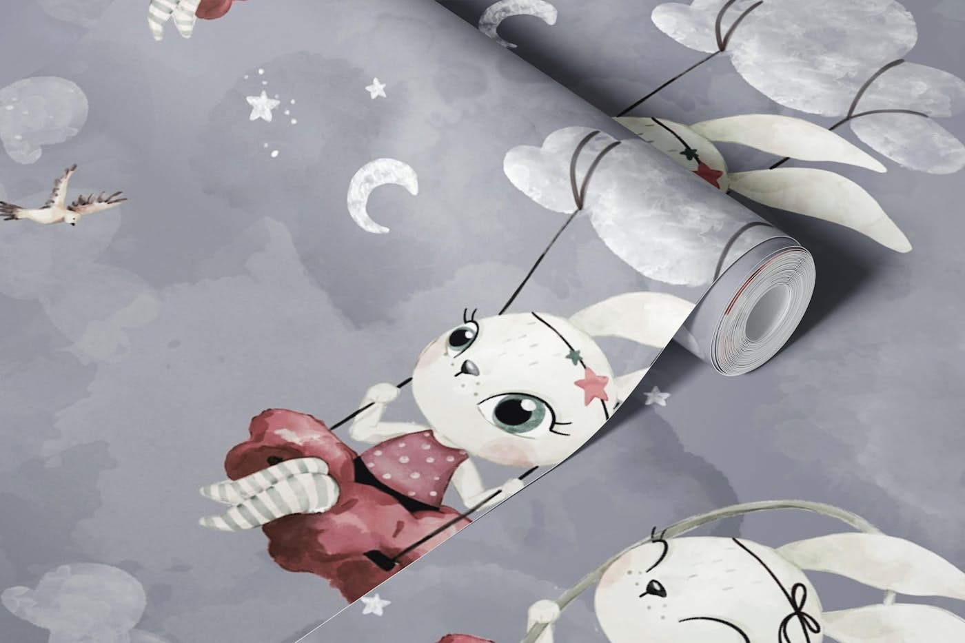 Dream Bunny - grey wallpaper roll