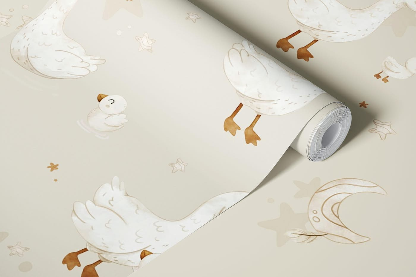 Little Geese - beige wallpaper roll